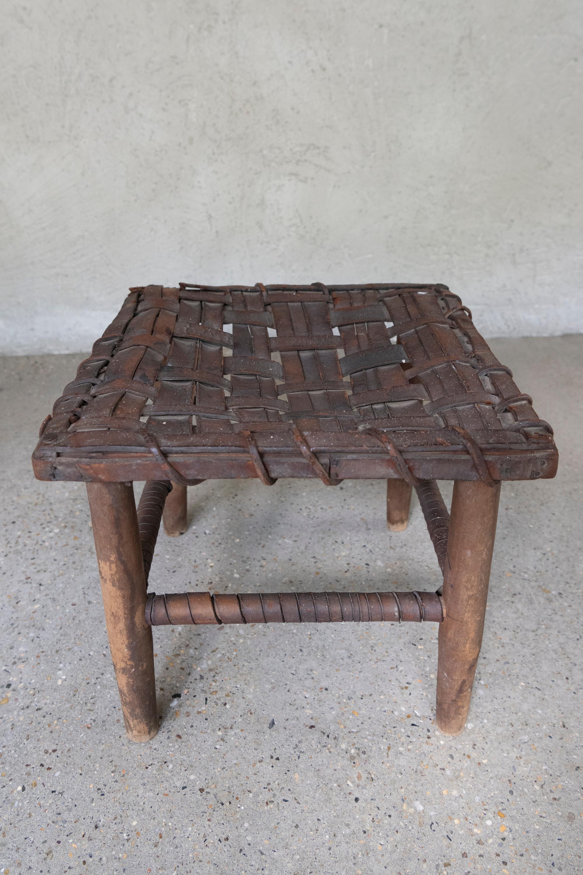 Mid 20th Century American Rustic Handwoven Leather & Wood Stool For Sale 2