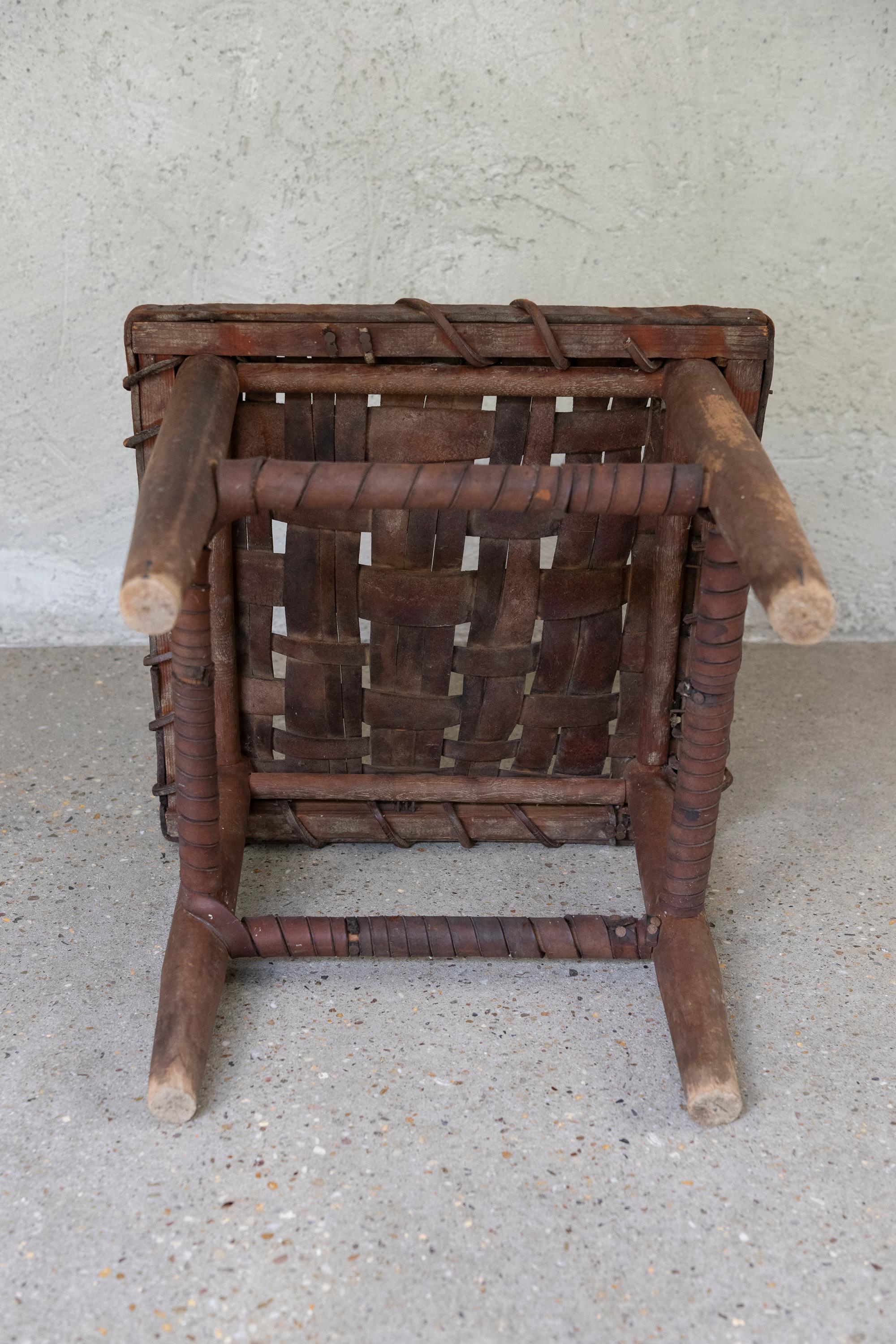 Mid 20th Century American Rustic Handwoven Leather & Wood Stool For Sale 3