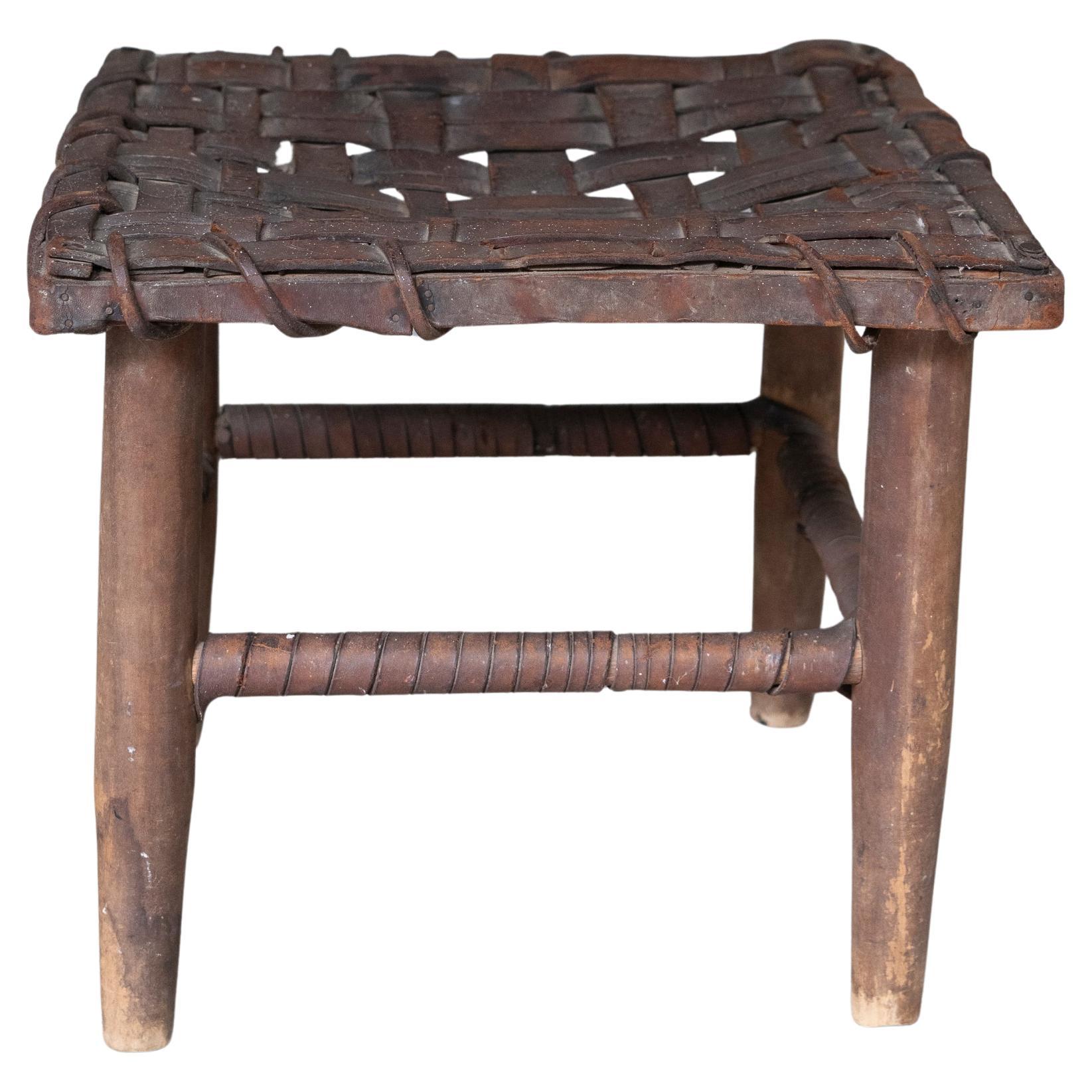 Mid 20th Century American Rustic Handwoven Leather & Wood Stool For Sale