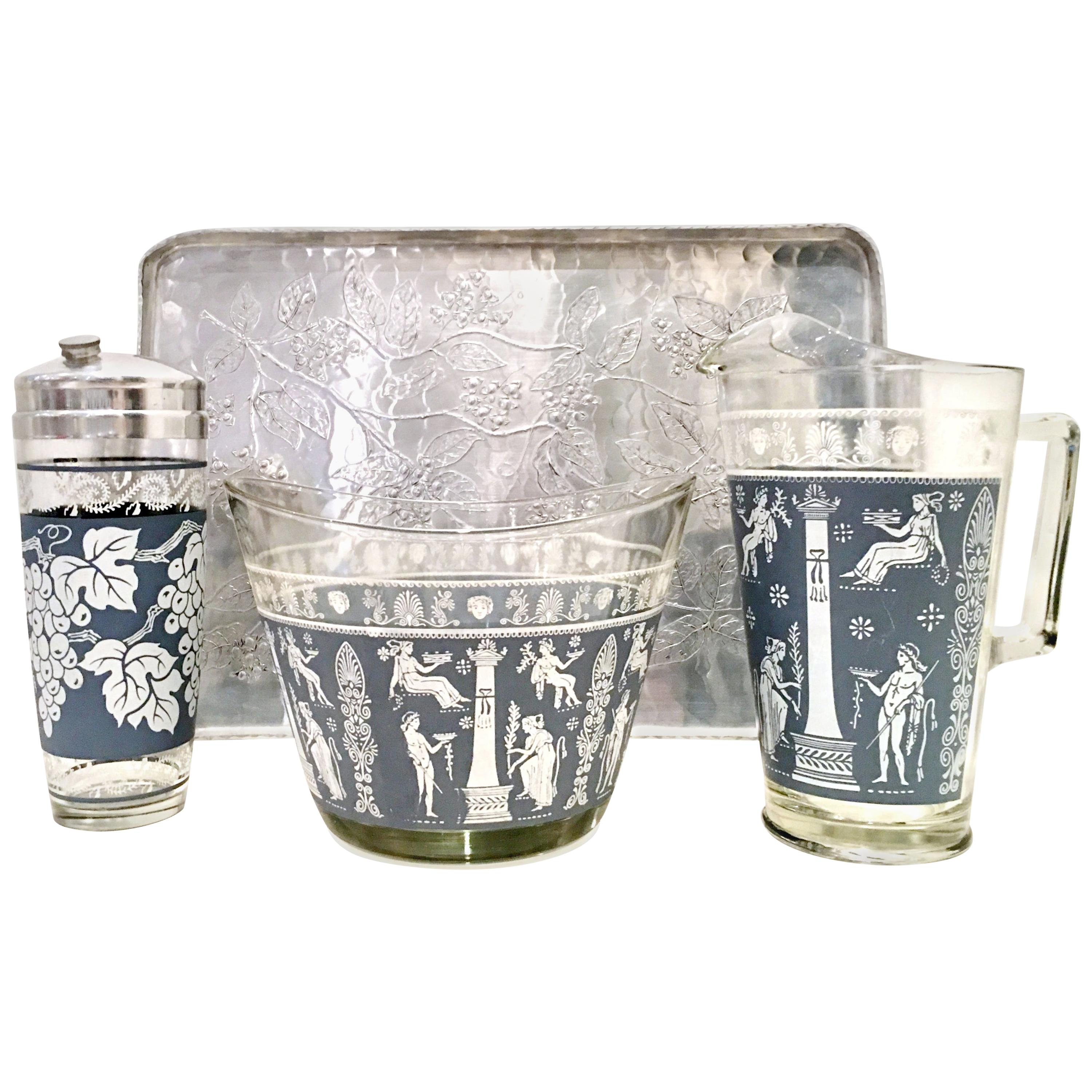 American Silver Tray & Hellenic Blue Print Glass Drinks, Set of 4 For Sale