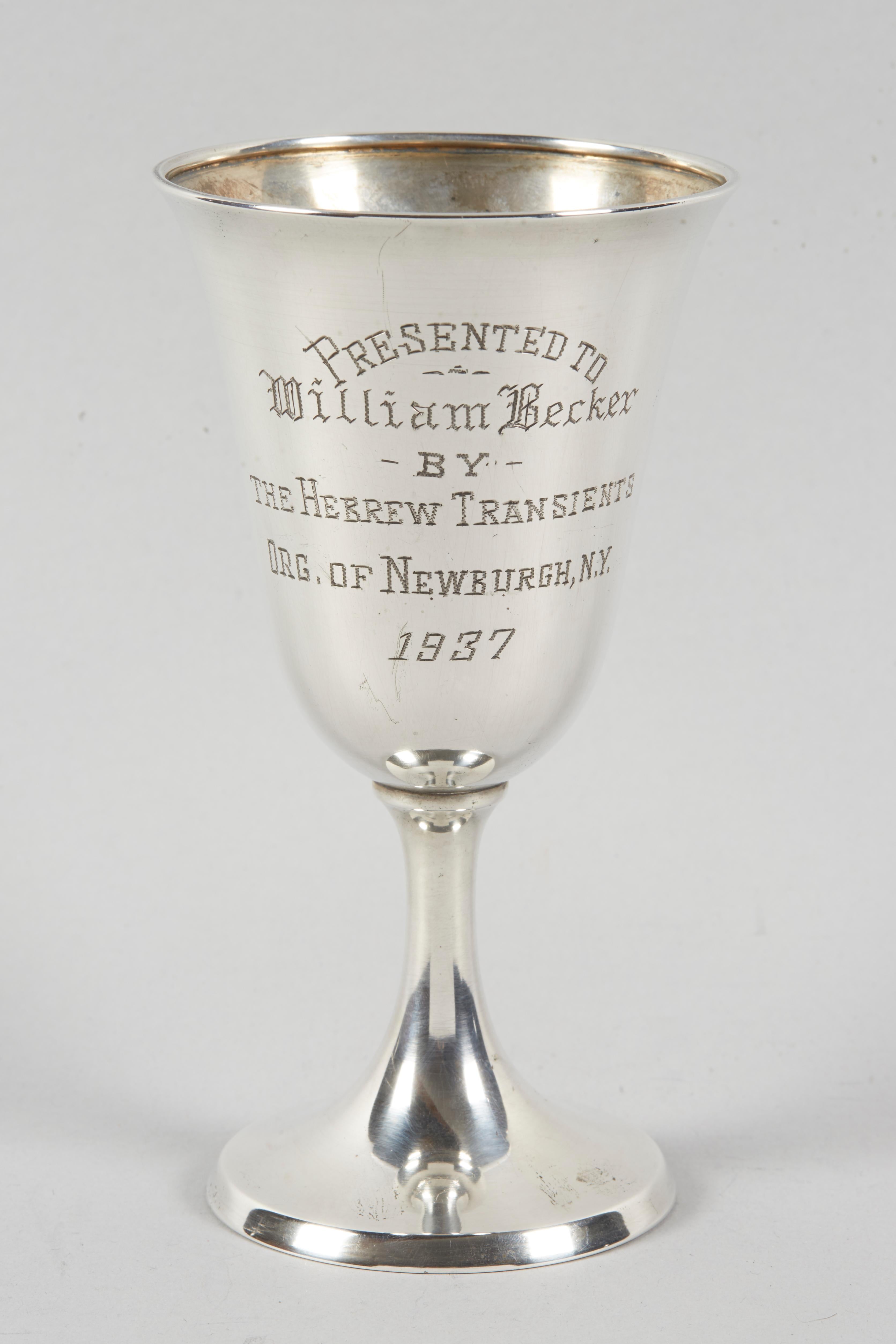 American sterling silver Kiddush Goblet, engraved in Yiddish with Hebrew letters and in English: 