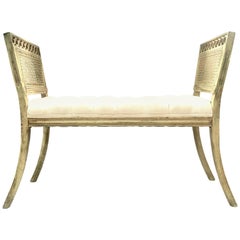Mid-20th Century American Wood Cane & Linen Upholstered Bench