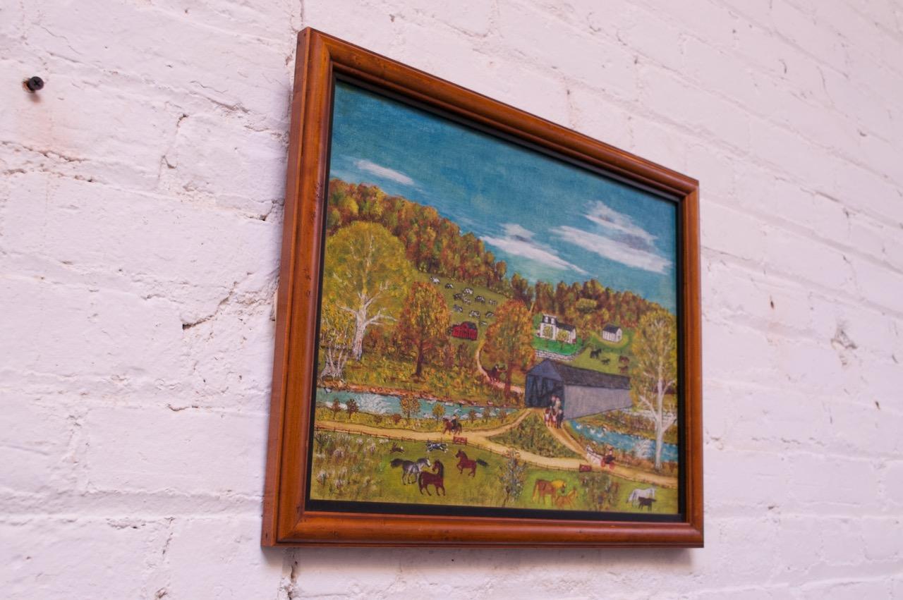 Americana Amish farm-life oil painting by Harvey Milligan, circa 1950s. Charming character scale and composition (figures are very small). Although naive / Primitive in aesthetic, clearly the work of a skilled painter to compose such a detailed and