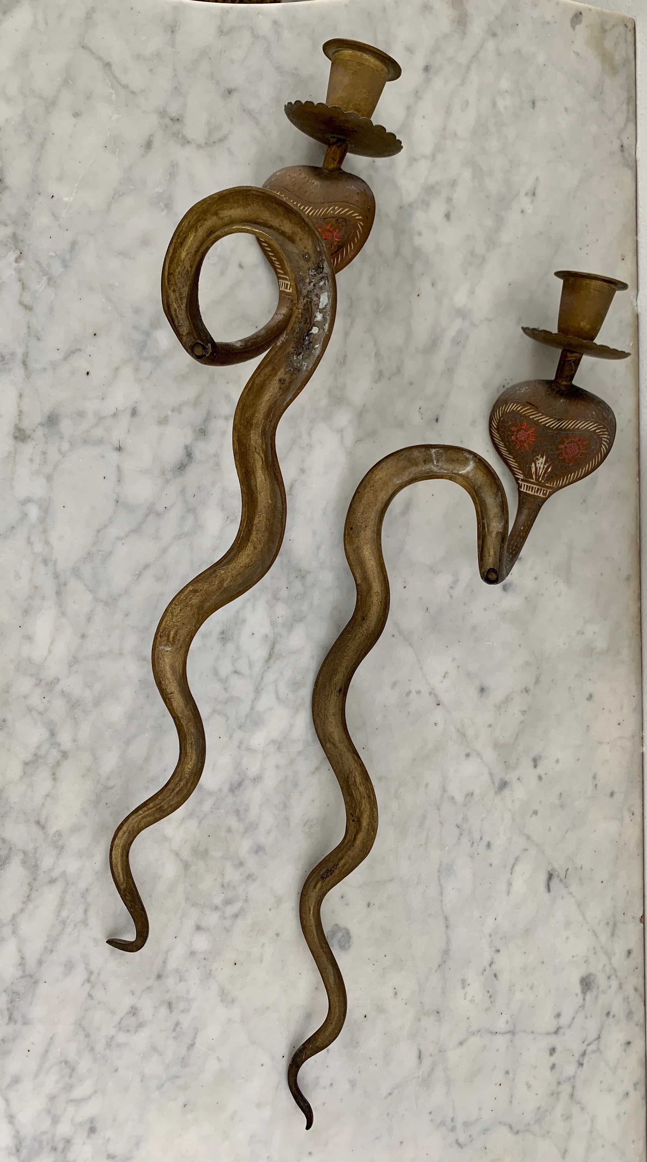 Mid-20th Century Anglo-Indian Brass Cobra Candle Sconces, Pair 7