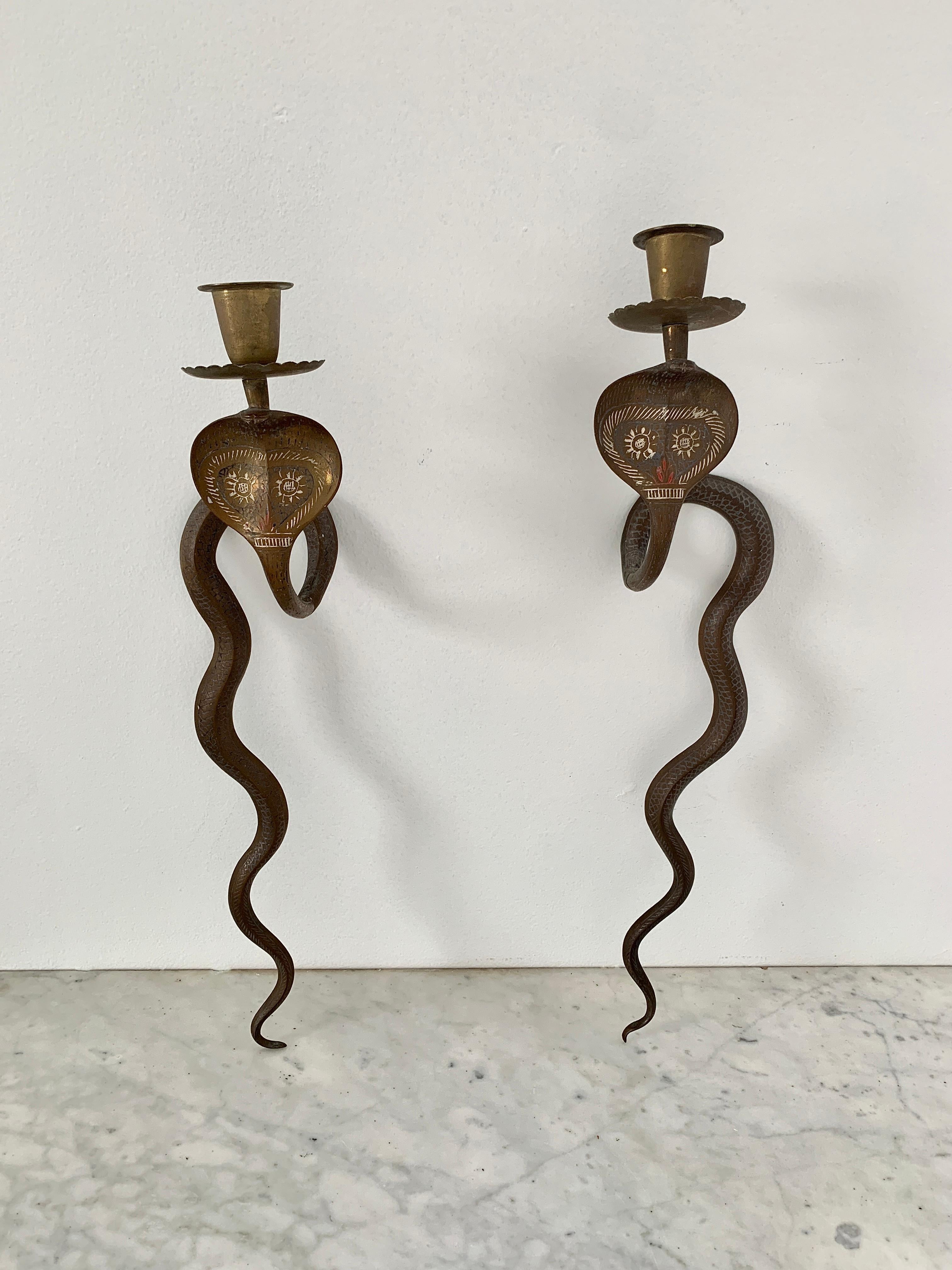 Mid-20th Century Anglo-Indian Brass Cobra Candle Sconces, Pair 9