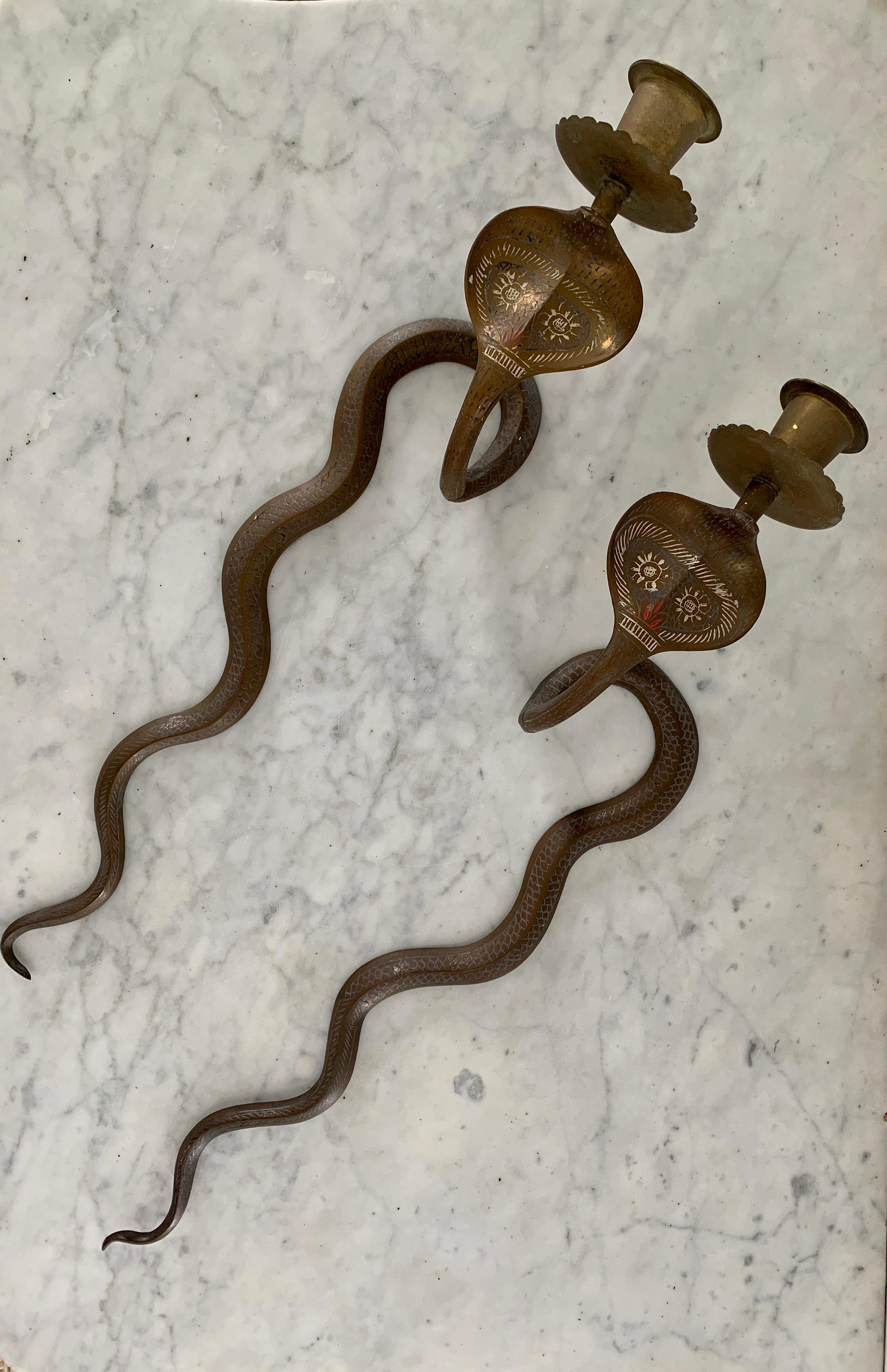 Pair of Vintage Brass Hand Painted Enameled Cobra Snake Candle