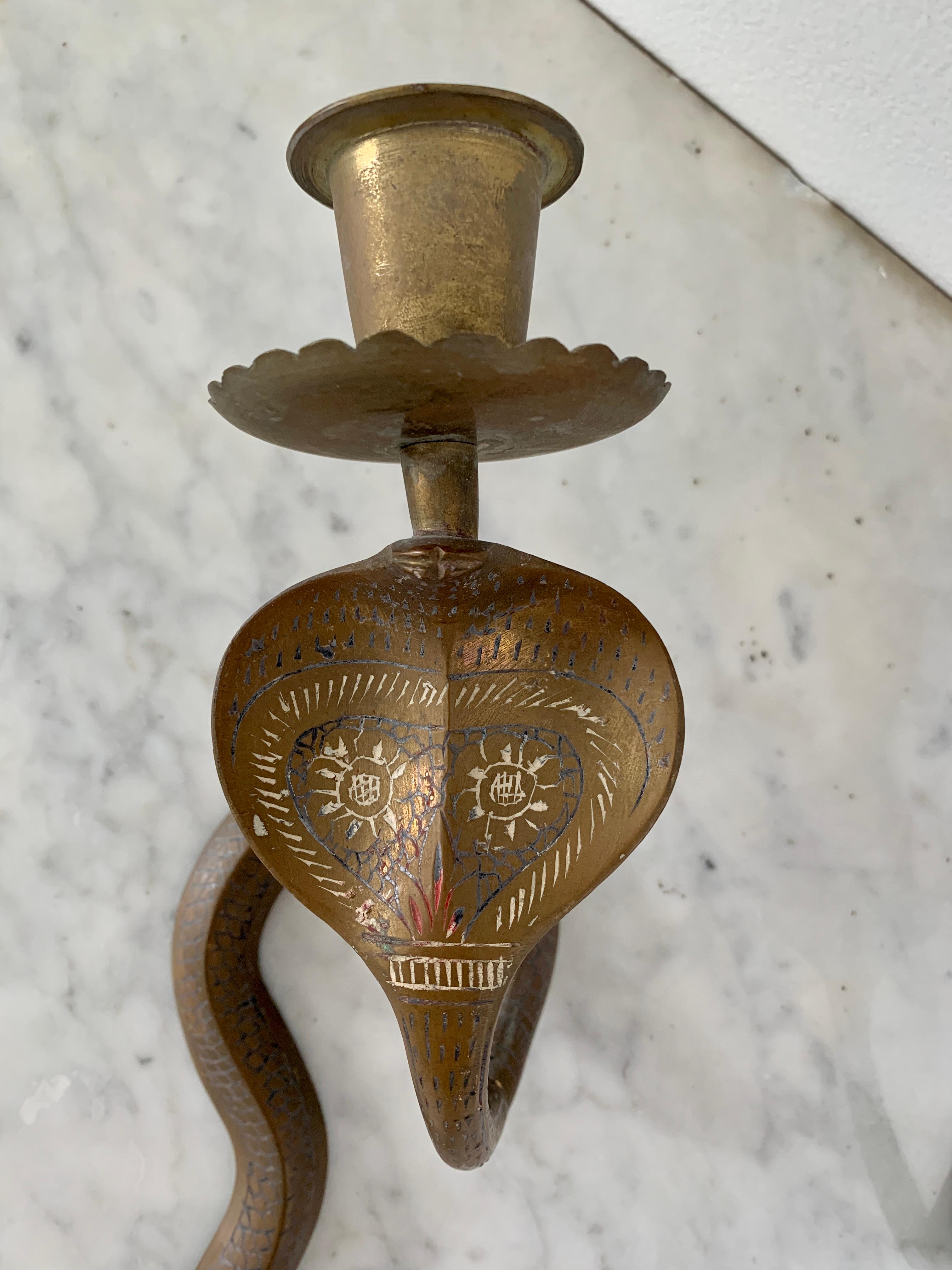 Mid-20th Century Anglo-Indian Brass Cobra Candle Sconces, Pair In Good Condition In Elkhart, IN
