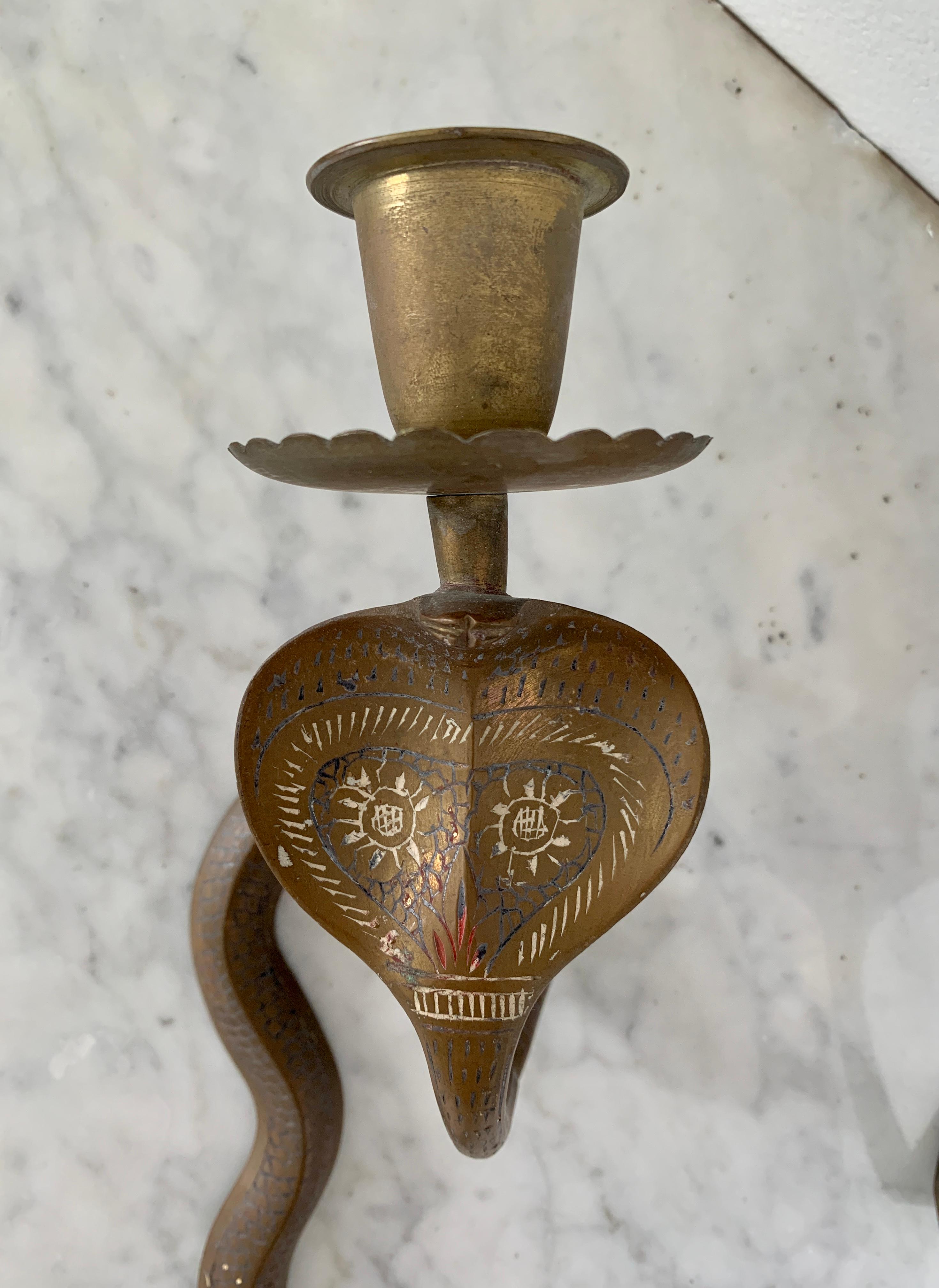 Mid-20th Century Anglo-Indian Brass Cobra Candle Sconces, Pair 1