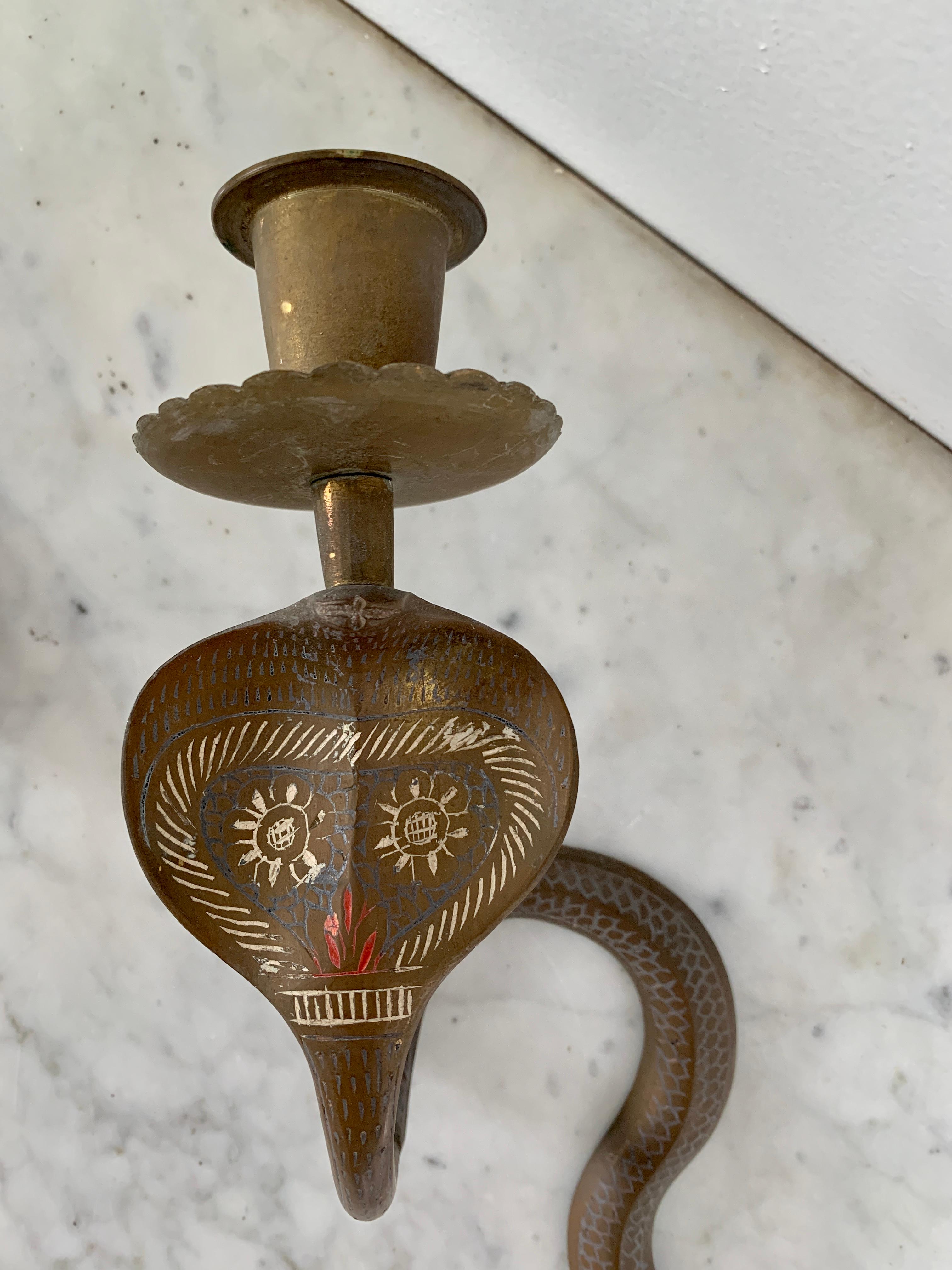 Mid-20th Century Anglo-Indian Brass Cobra Candle Sconces, Pair 4