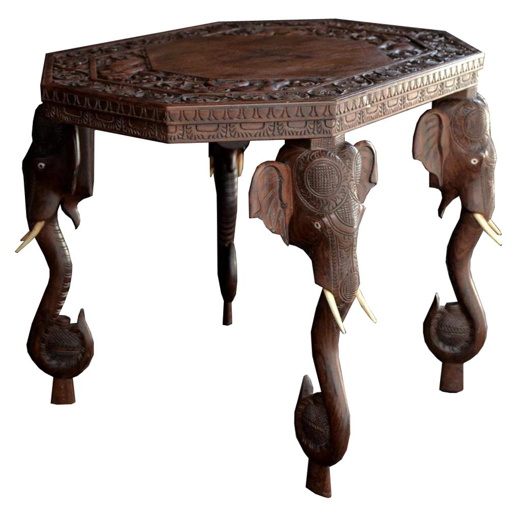 Vintage Elephant Carved Inlaid Work Coffee Round Table Rosewood Foldable New 