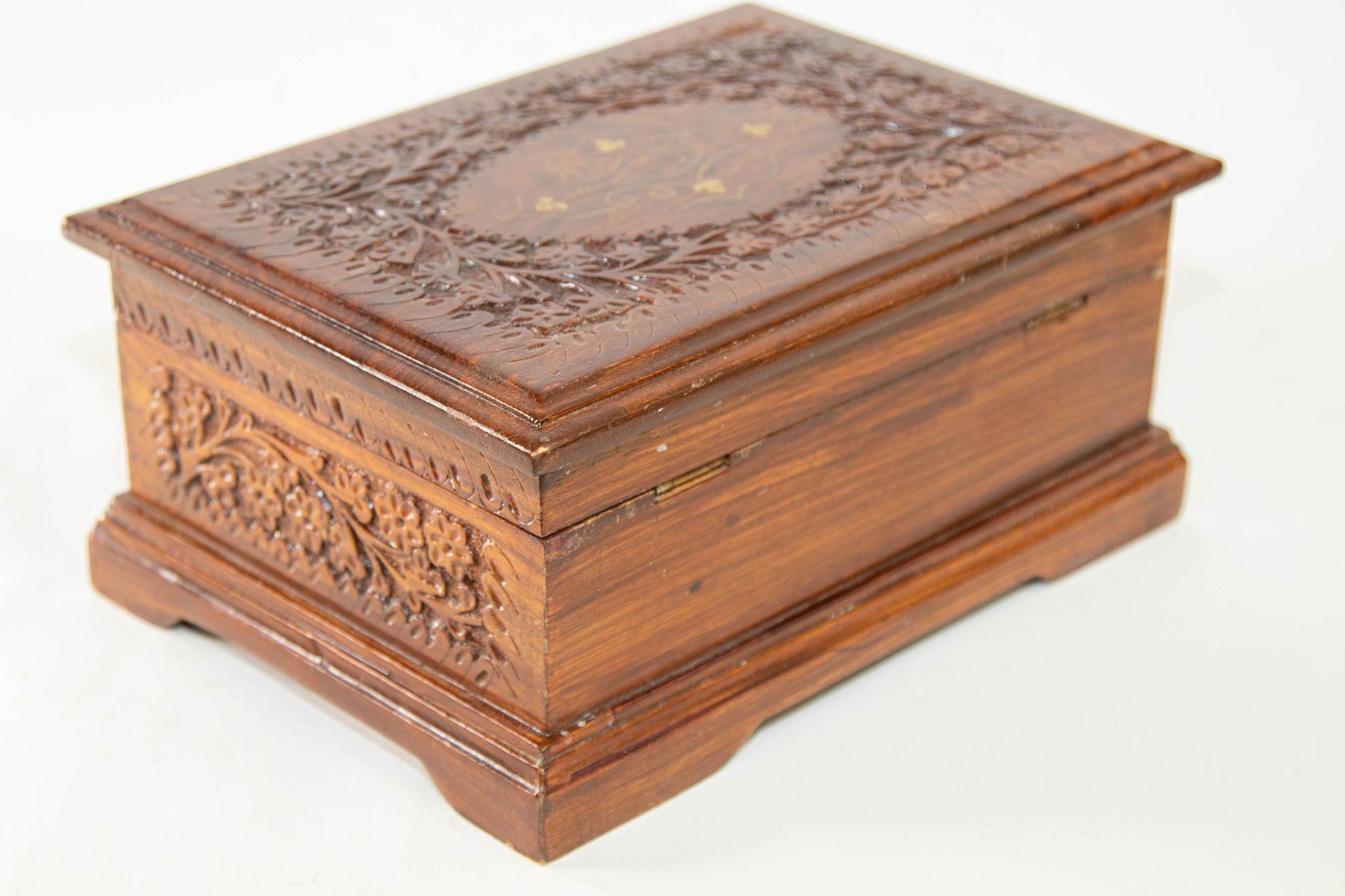Anglo-Indian Mid 20th Century Anglo Indian Carved Wood Jewelry Box Kashmir India For Sale