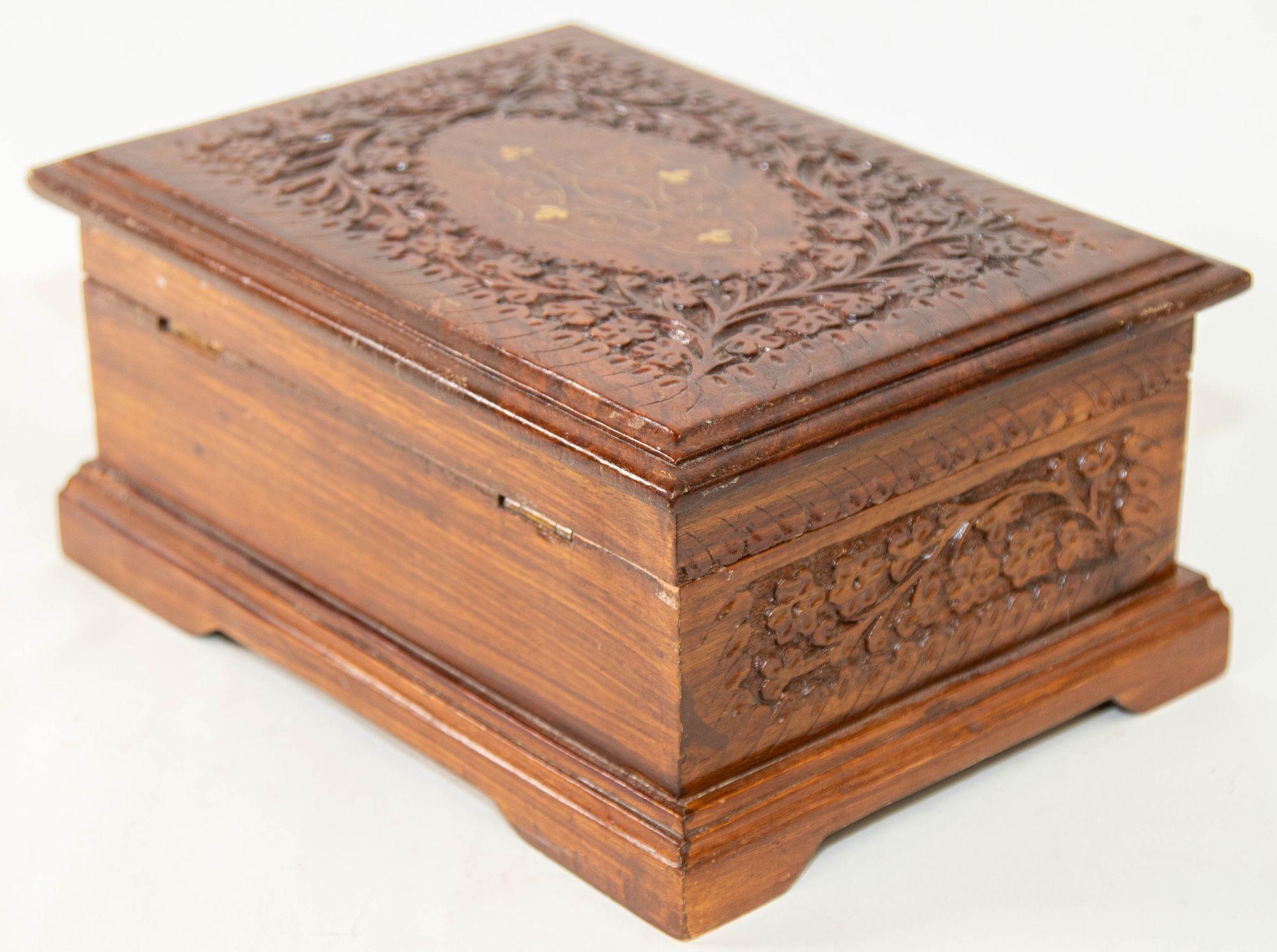 Anglo-Indian Mid 20th Century Anglo Indian Carved Wood Jewelry Box Kashmir India For Sale
