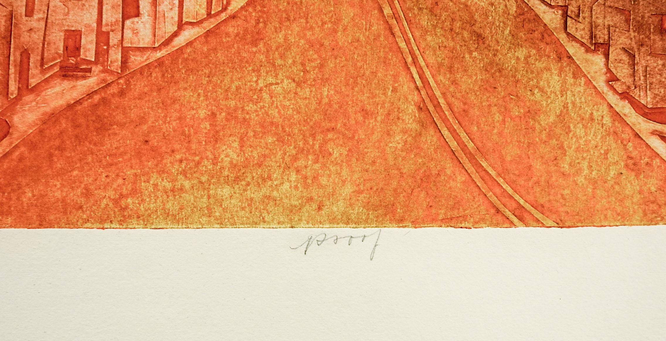 Epreuve d'artiste de la gravure en relief Metropolis par Anita Klebanoff. Signé de façon illisible et titré au crayon dans la marge inférieure.