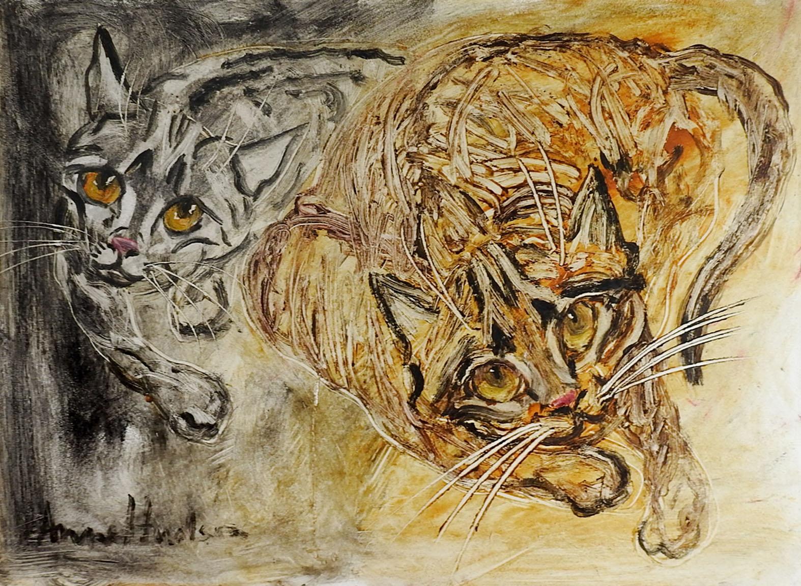 Anglais Peinture de chat moderniste Anne Hudson du milieu du 20e siècle en vente