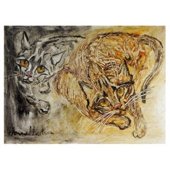 Mid-20th Century Anne Hudson Modernist Cat Painting