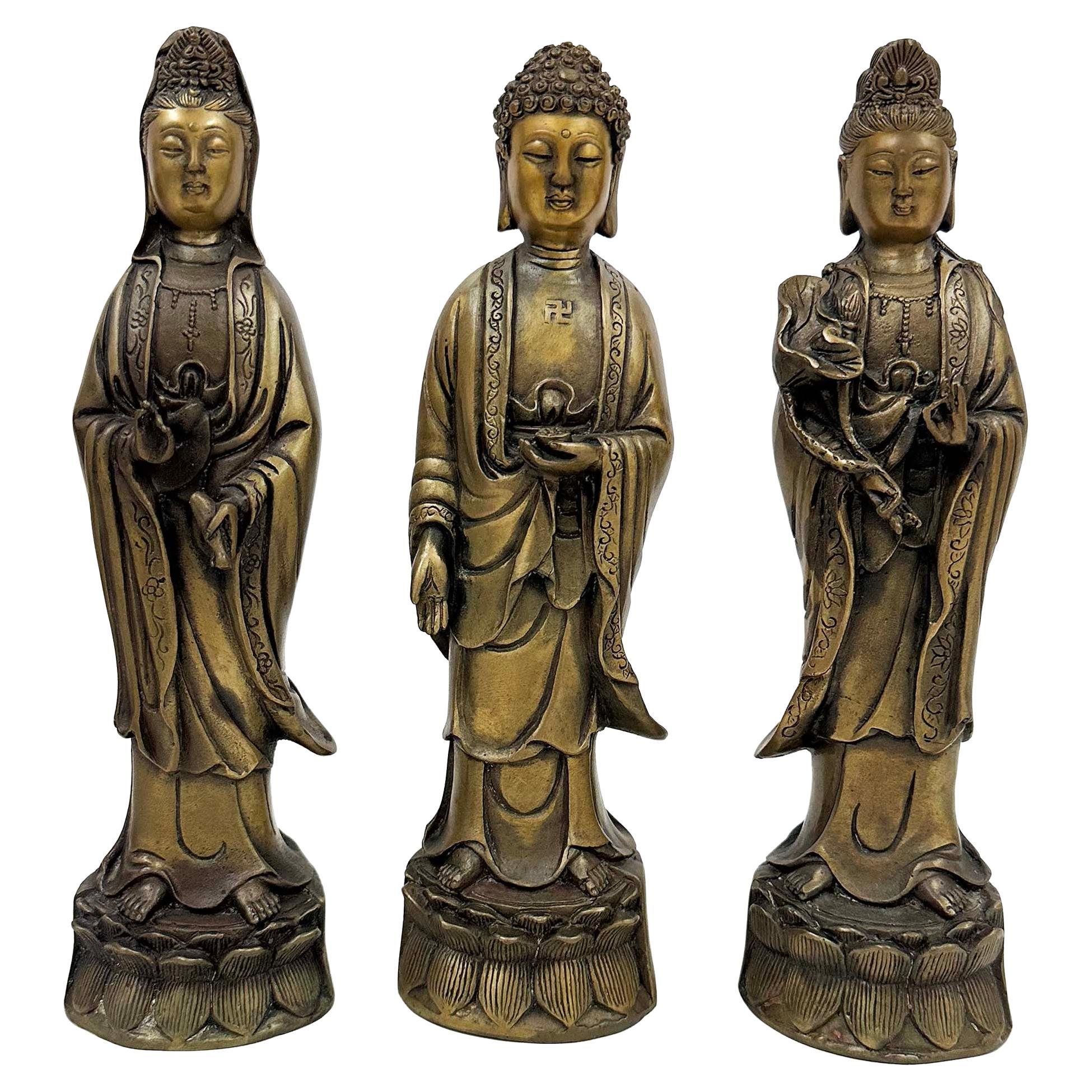 Mid 20th Century Antique Chinese Bronze Western Three Saints Buddha statue
