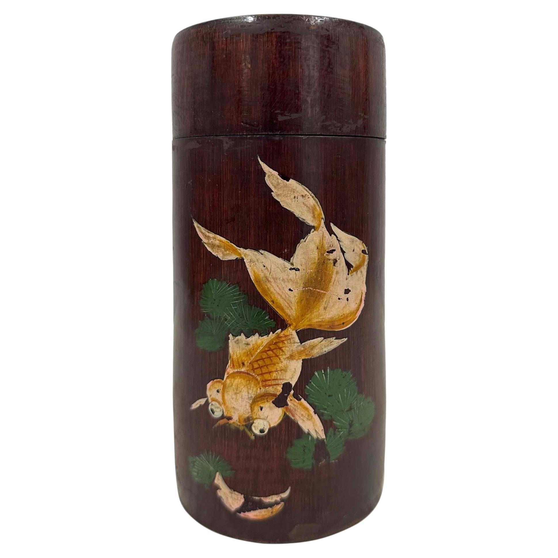 Mid-20th Century Antique Chinese Hand-Painted Cylindrical Bamboo Tea Caddy