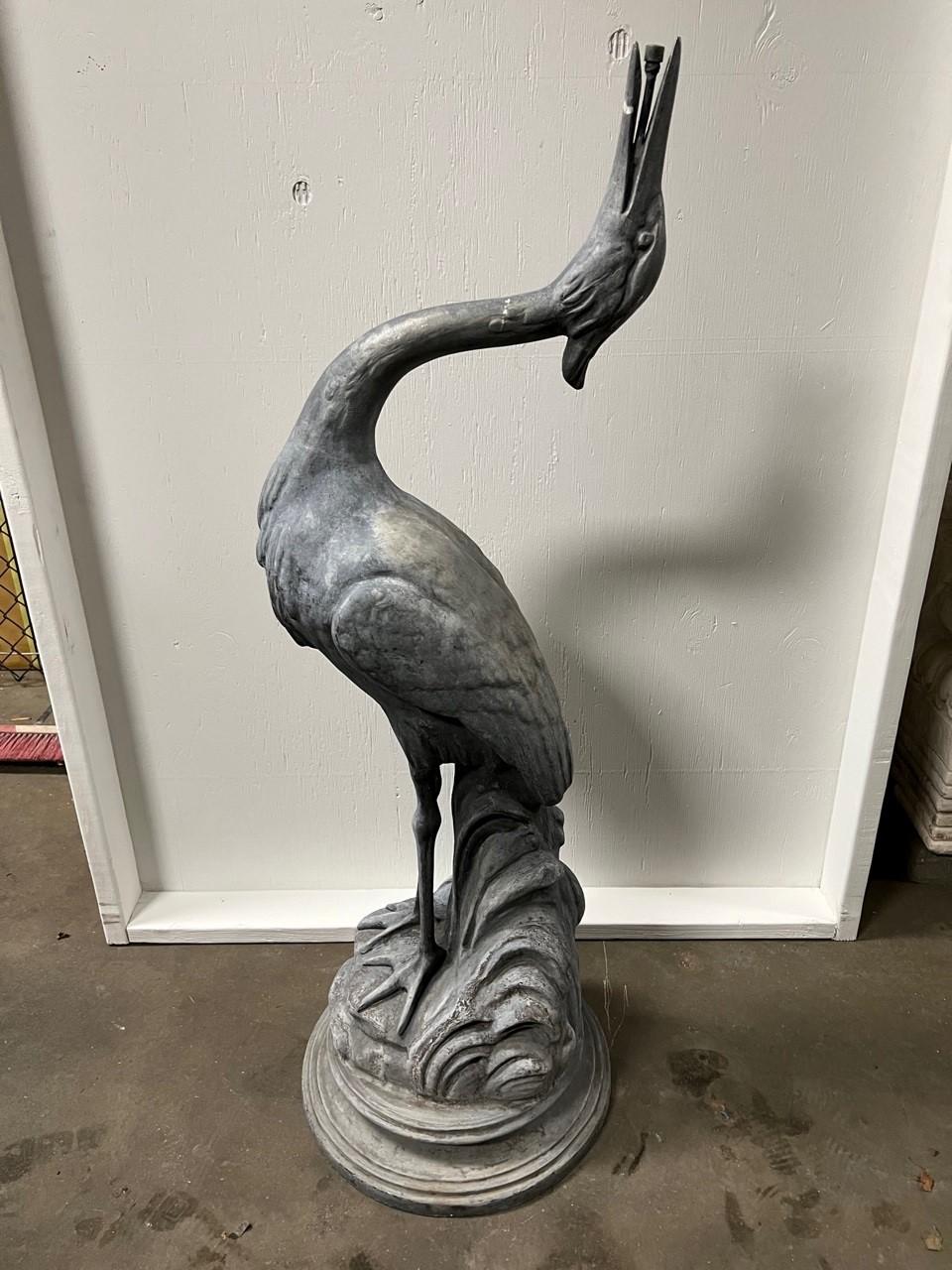 A spectacular antique lead Crane fountain from a famous New Jersey Estate. I believe it was purchased in Italy in the late 1940s early 50s. The Fort Lee mansion was built by mob kingpin Albert Anastasia in 1947. The crane sat in a bronze fountain