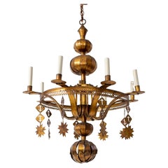 Mid 20th Century Antique Gold Tole Chandelier With Star Pendants