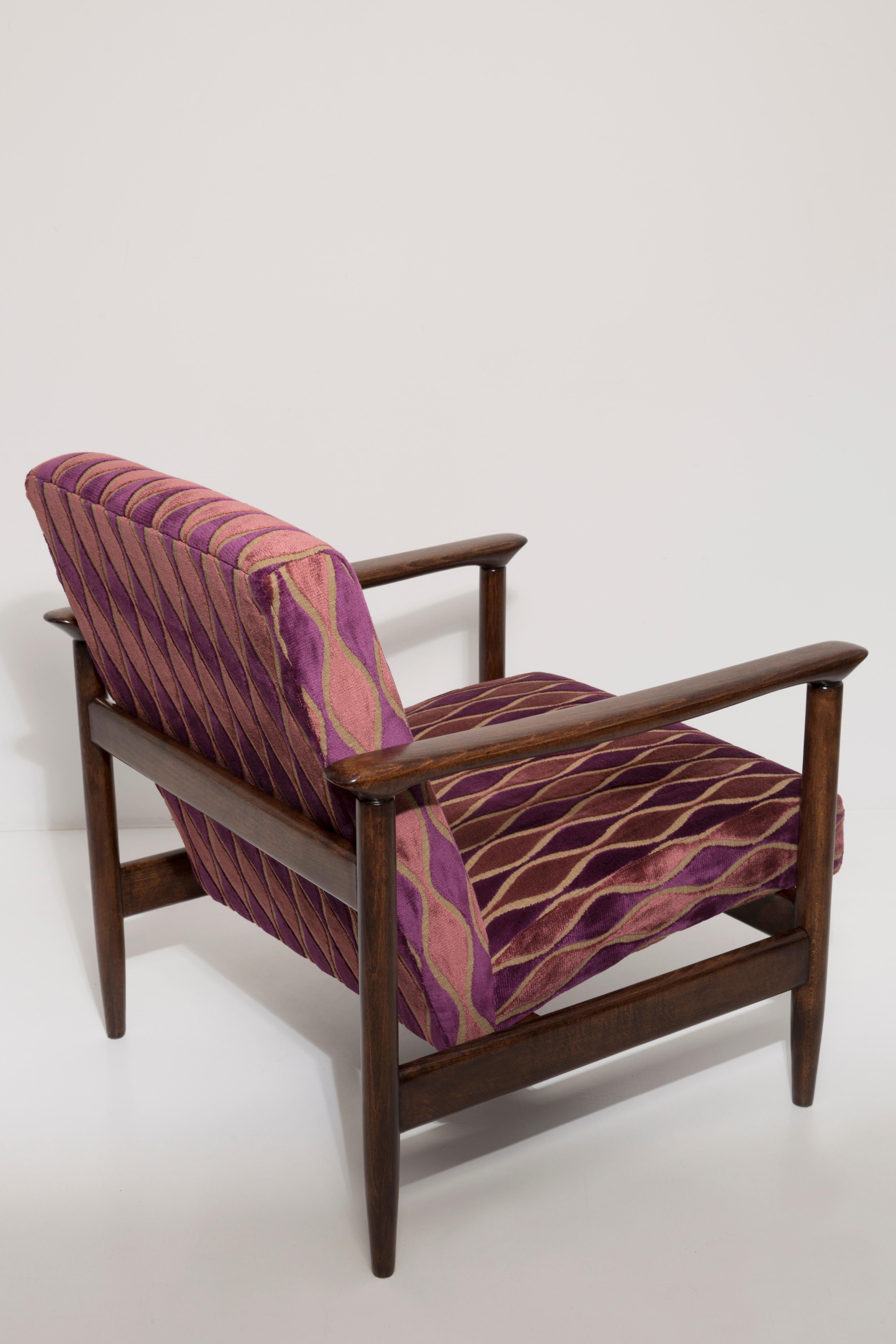 Polish Mid-20th Century Armchair Pink Pattern Velvet, Edmund Homa, Europe, 1960s For Sale