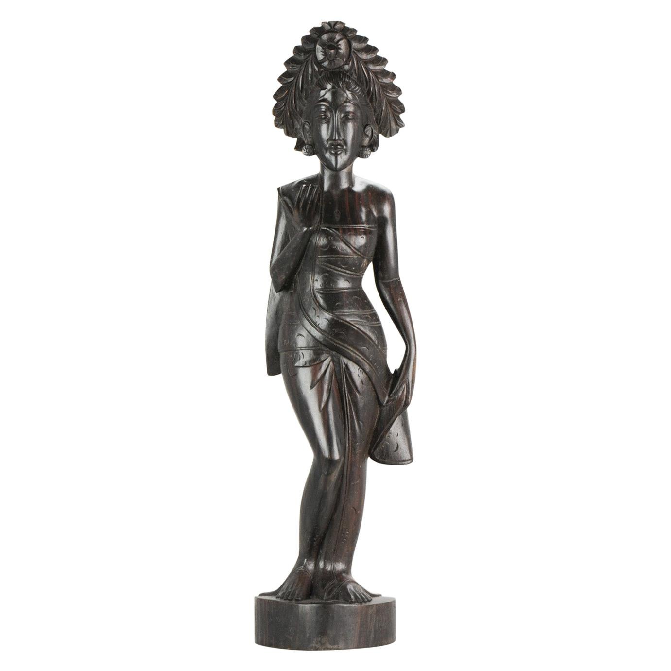 Mid-20th Century Art Deco Balinese Indonesia Wood Carved Women Lady Statue Bali For Sale