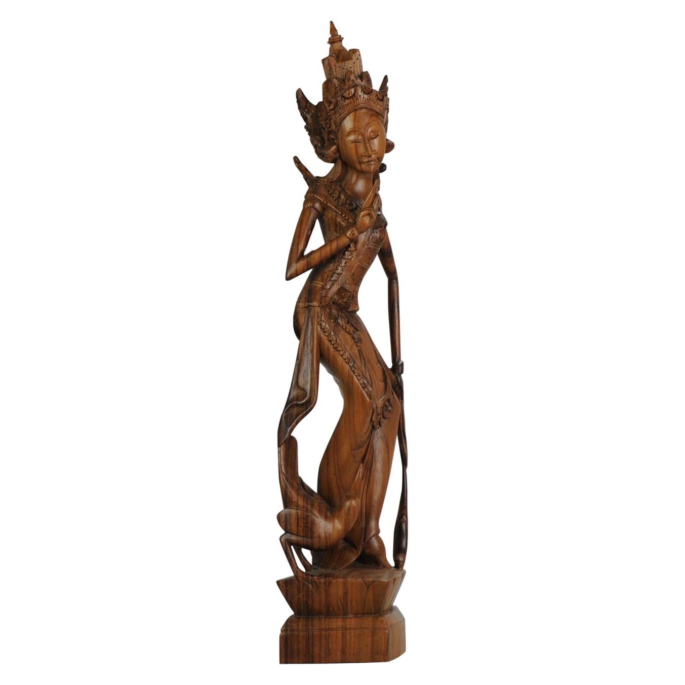 Mid-20th Century Art Deco Balinese Indonesia Wood Carved Women Lady Statue Bali