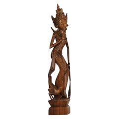 Mid-20th Century Art Deco Balinese Indonesia Wood Carved Women Lady Statue Bali