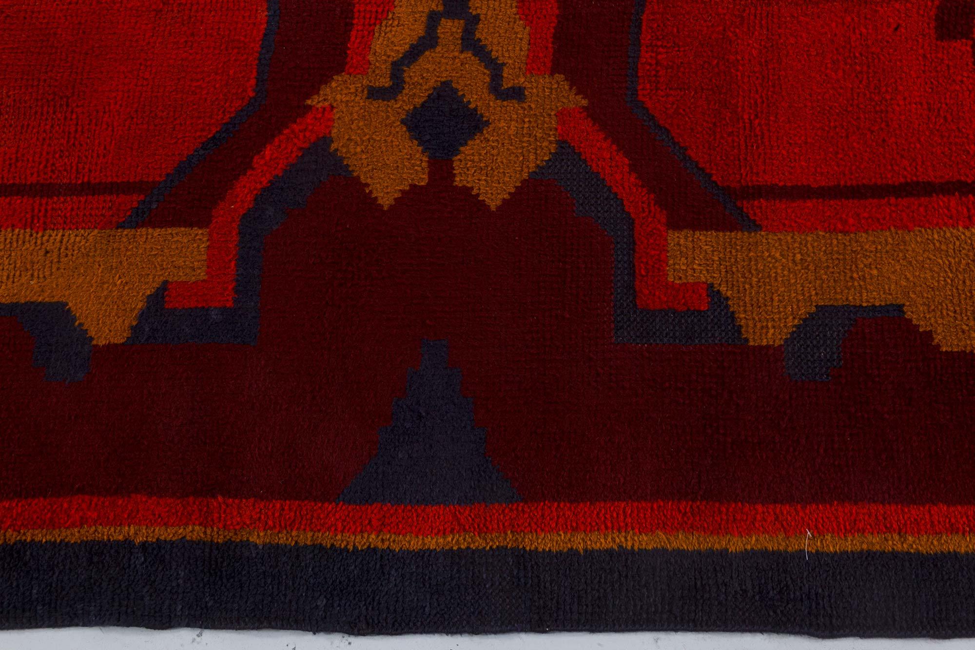 20th Century Vintage Art Deco Design Red Handmade Wool Rug For Sale