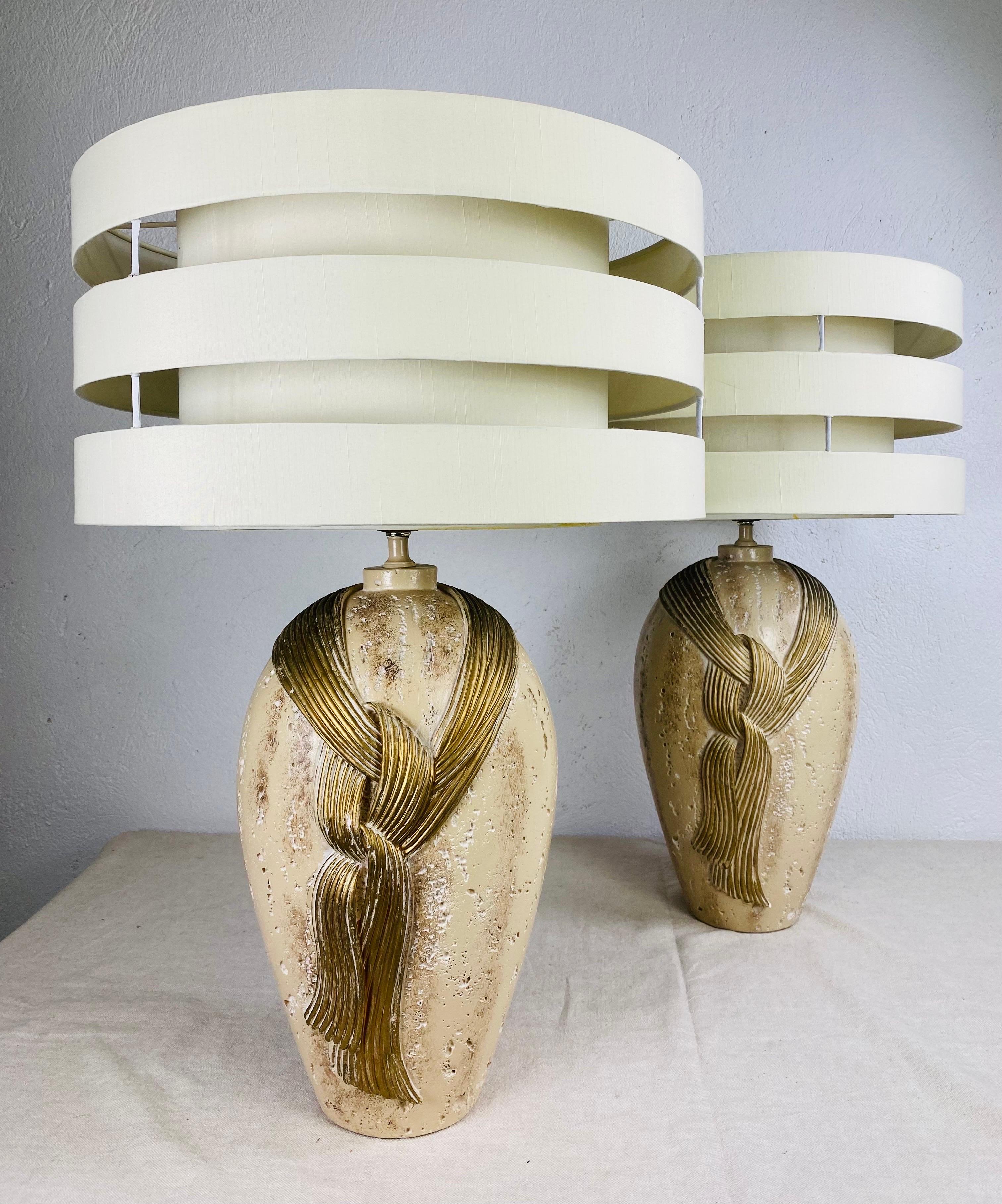 Mid-20th Century Art Deco Inspired Plaster Table Lamps with Custom Shades For Sale 9