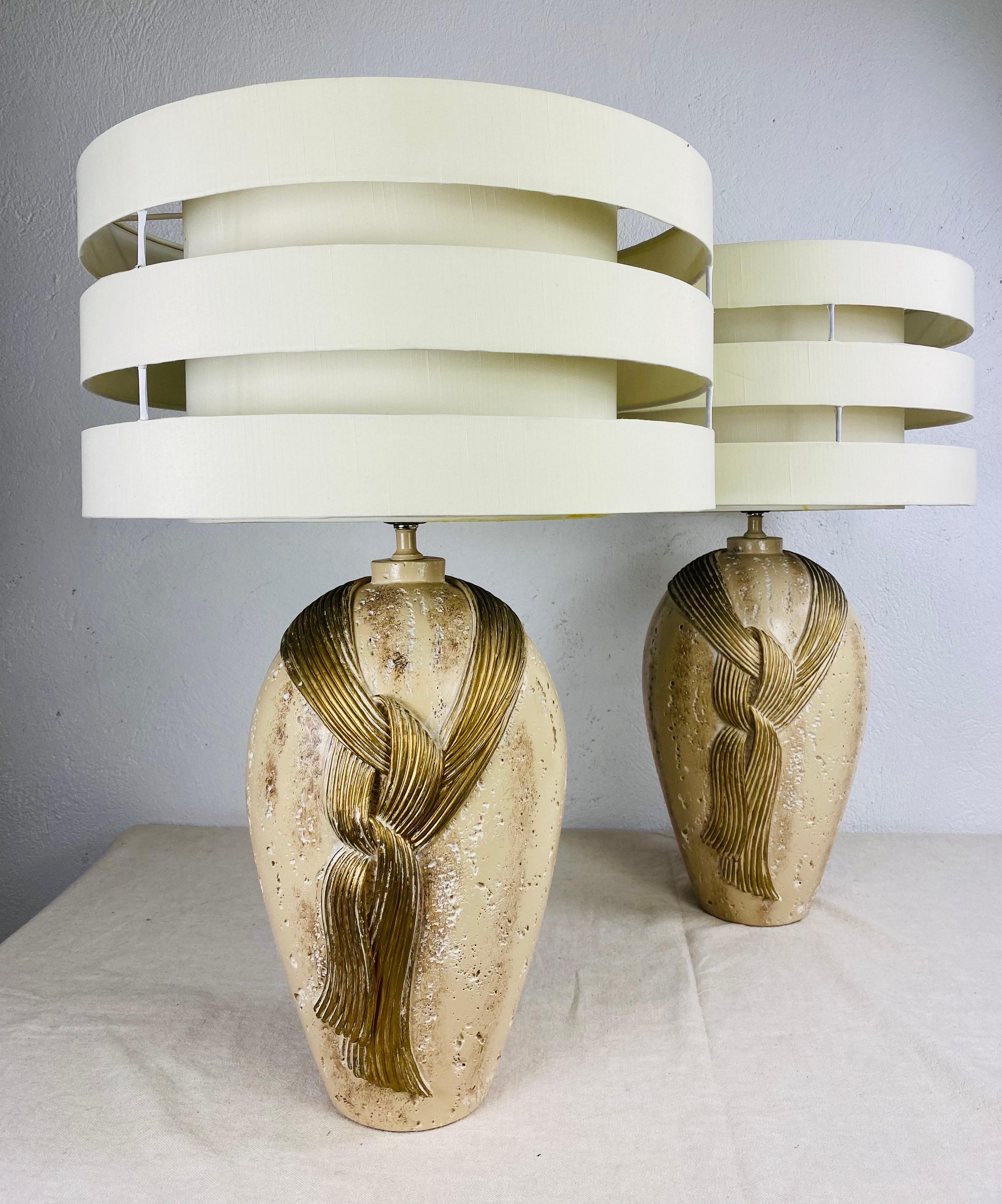 Mid-20th Century Art Deco Inspired Plaster Table Lamps with Custom Shades For Sale 3