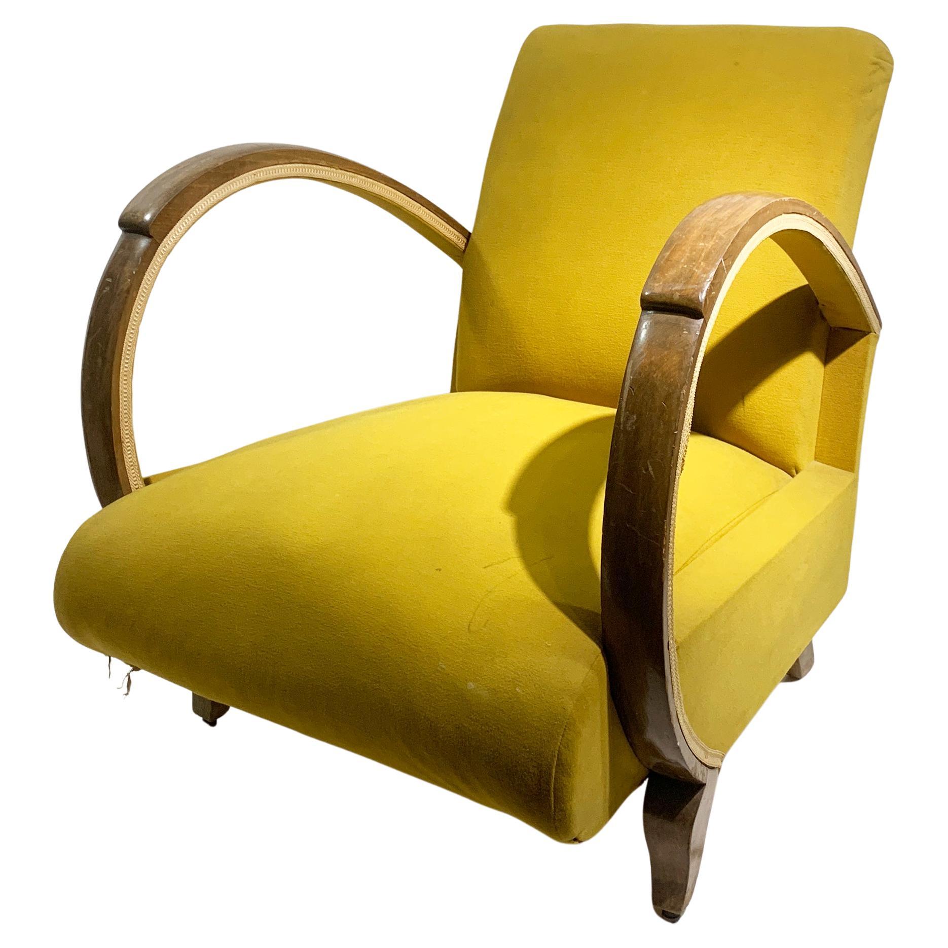Mitte 20. Jahrhundert Art Deco Lounge Chair, Bugholz/gelb-grüner Stoff, 1930er Jahre