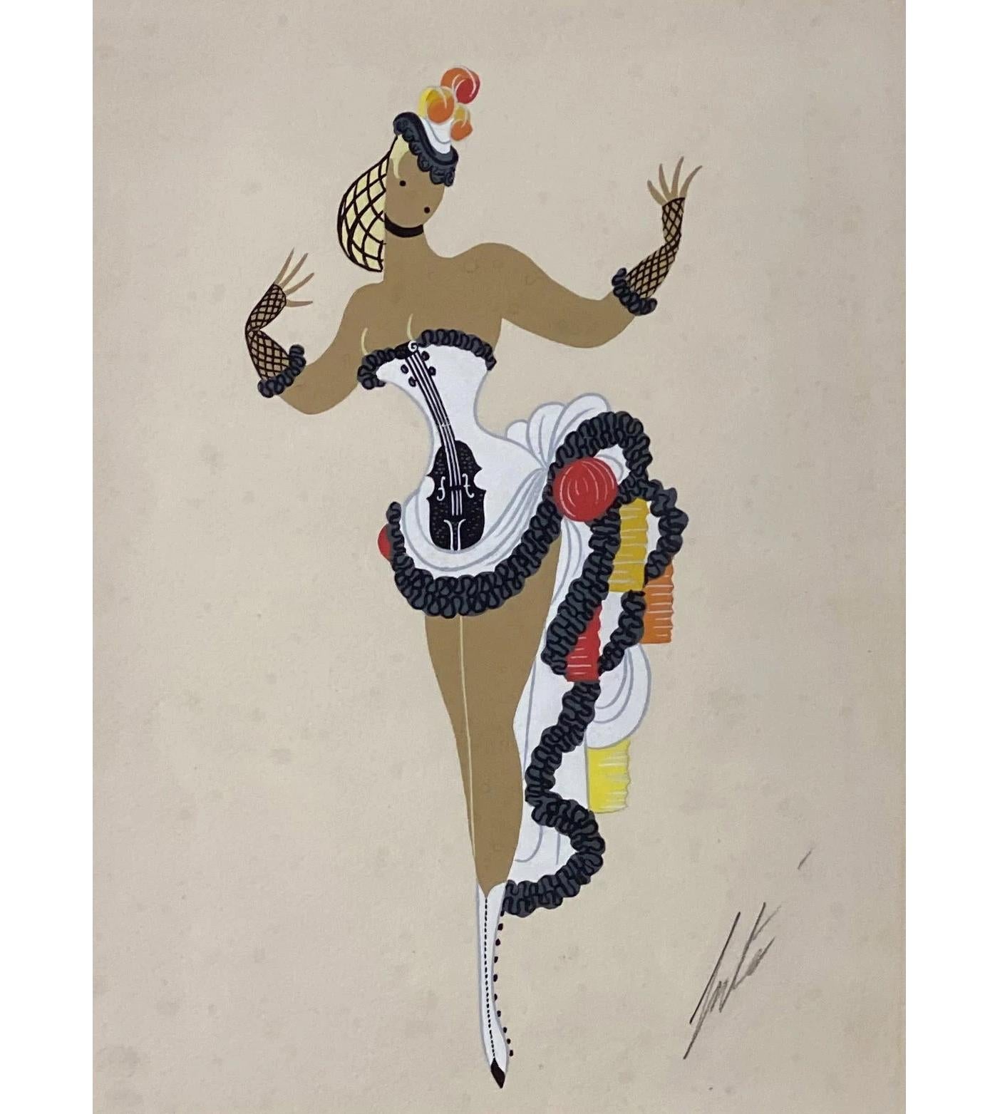 A very fine Mid-20th Century original gouache painted costume design for a theatrical musical production. Mounted in modern silver coloured frame and signed Erté.

Additional information
Framed Height: 53 cm 

Framed Width: 39 cm 

Condition: