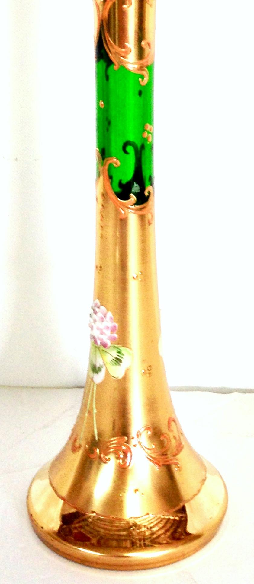 Mid-20th Century Art Nouveau Bohemia Hand Painted Art Glass & 22K Gold Vase In Good Condition For Sale In West Palm Beach, FL