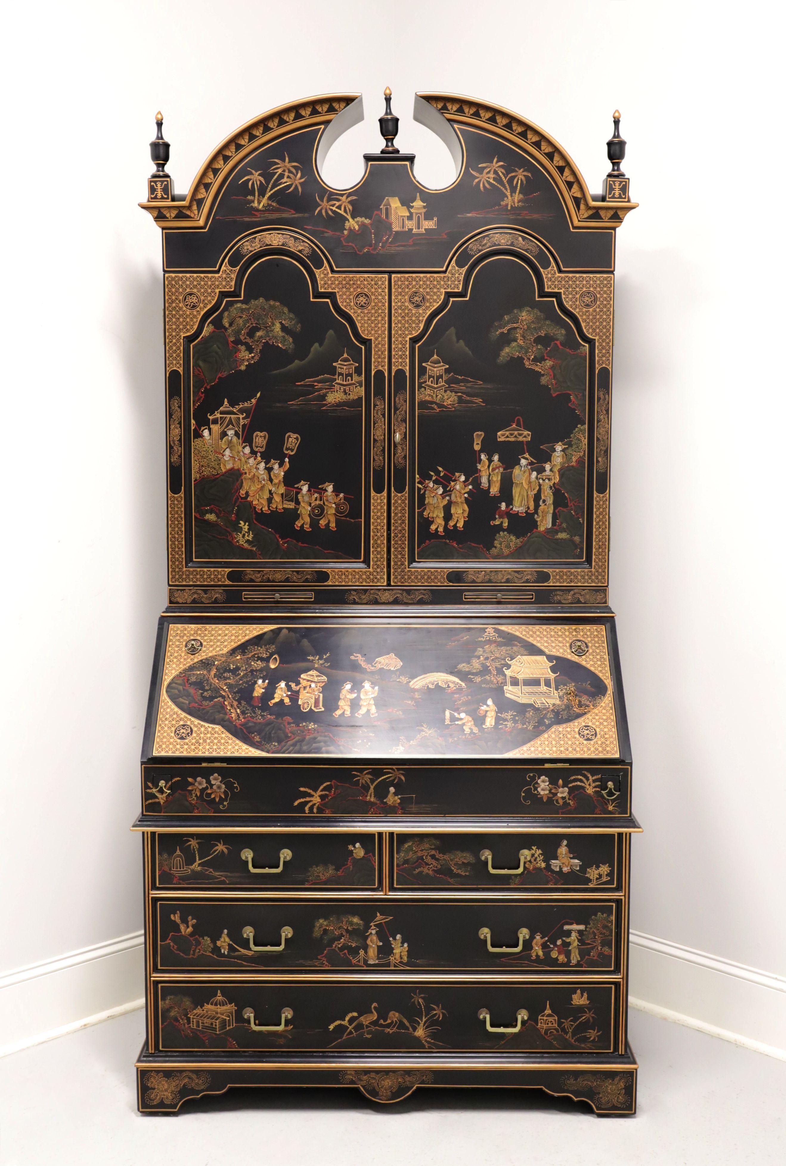 An Asian Chinoiserie style secretary desk, unbranded, similar in quality to Drexel. Solid wood with black lacquer & gold accents, hand painted Chinoiserie scenes, double bonnet arched top with crescent pediment & three finials, brass hardware and