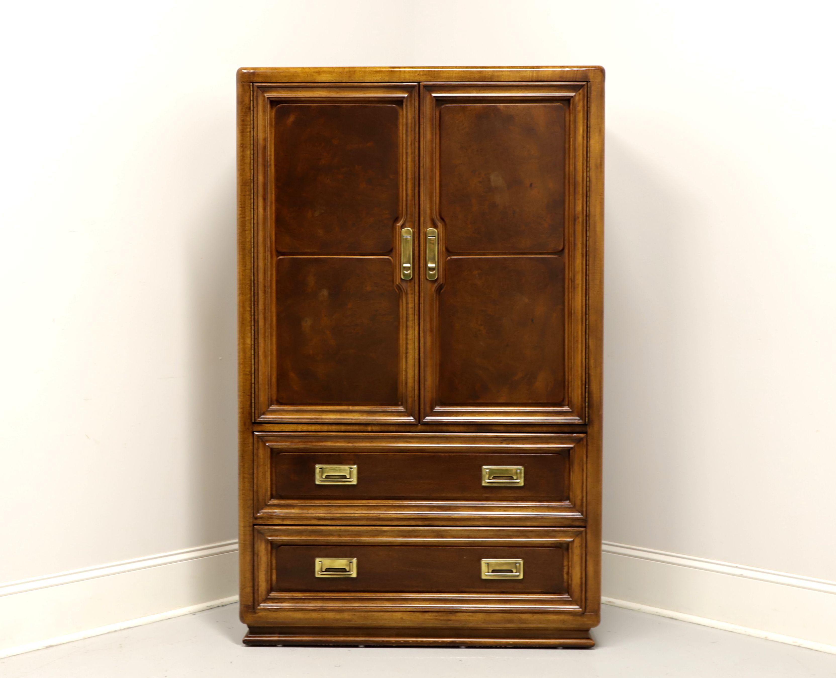 An Asian style gentleman's chest by Unique Furniture. Nutwood with slightly distressed finish, burlwood to door & drawer fronts, and brass hardware. Upper cabinet features double doors revealing a fixed top shelf, two upper cubbies, three middle