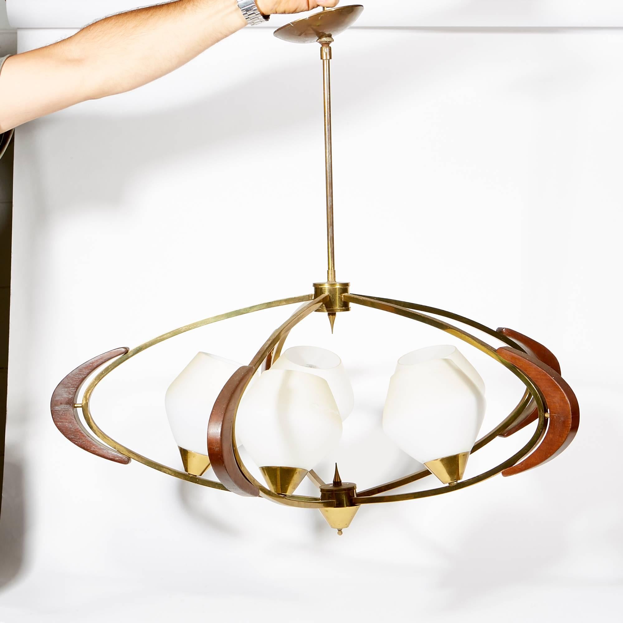 Mid-Century Modern Mid-20th Century Atomic-Style Walnut and Brass Pendant Light