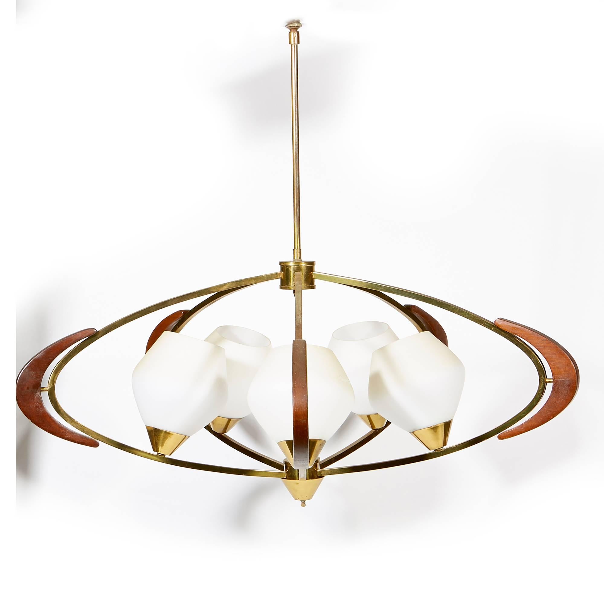 American Mid-20th Century Atomic-Style Walnut and Brass Pendant Light