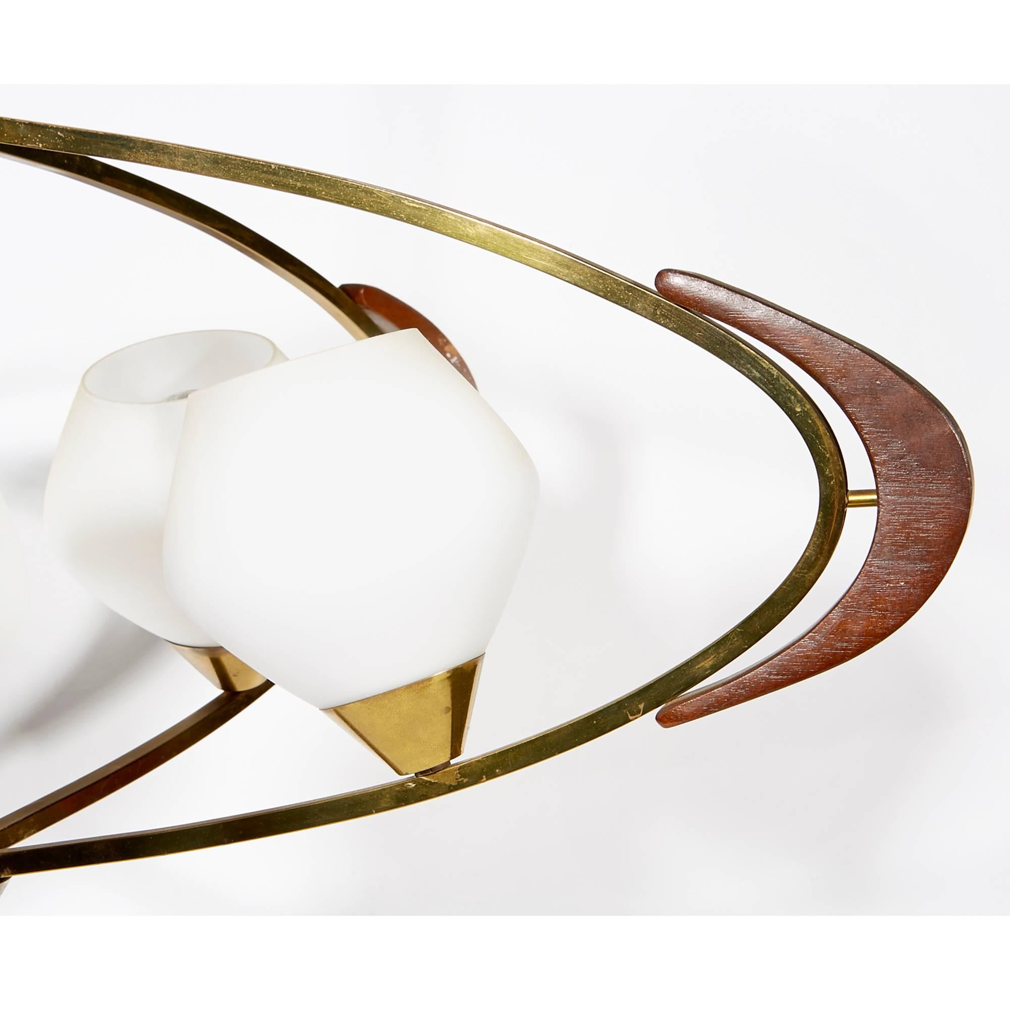 Mid-20th Century Atomic-Style Walnut and Brass Pendant Light 2