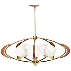 Mid-20th Century Atomic-Style Walnut and Brass Pendant Light