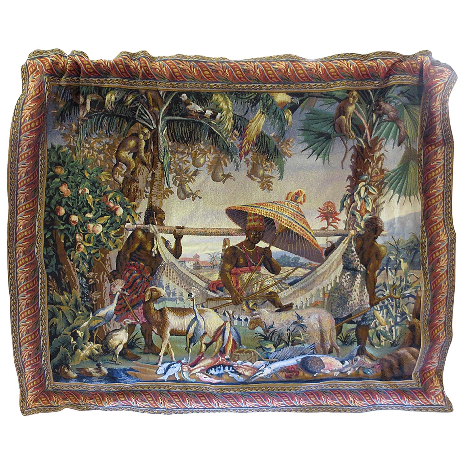 Mid-20th Century Aubusson Style Lined Cotton Viscose Tapestry "Island Paradise"
