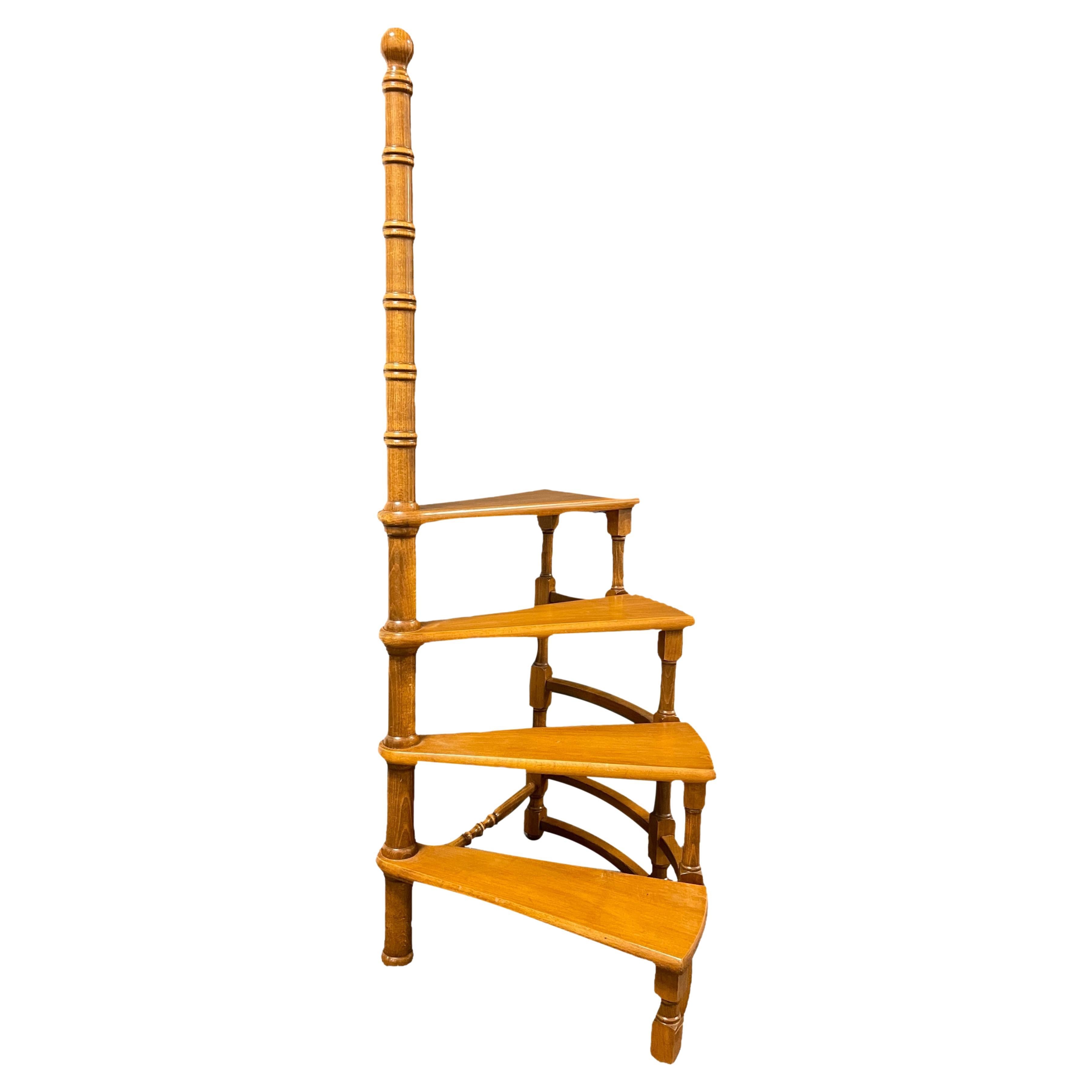 Mid-20th Century Austrian Turned Nut Wood Spiral Step Library Ladder