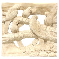 Vintage Mid 20th Century Avian Wood Carving - Parrots in a Tree