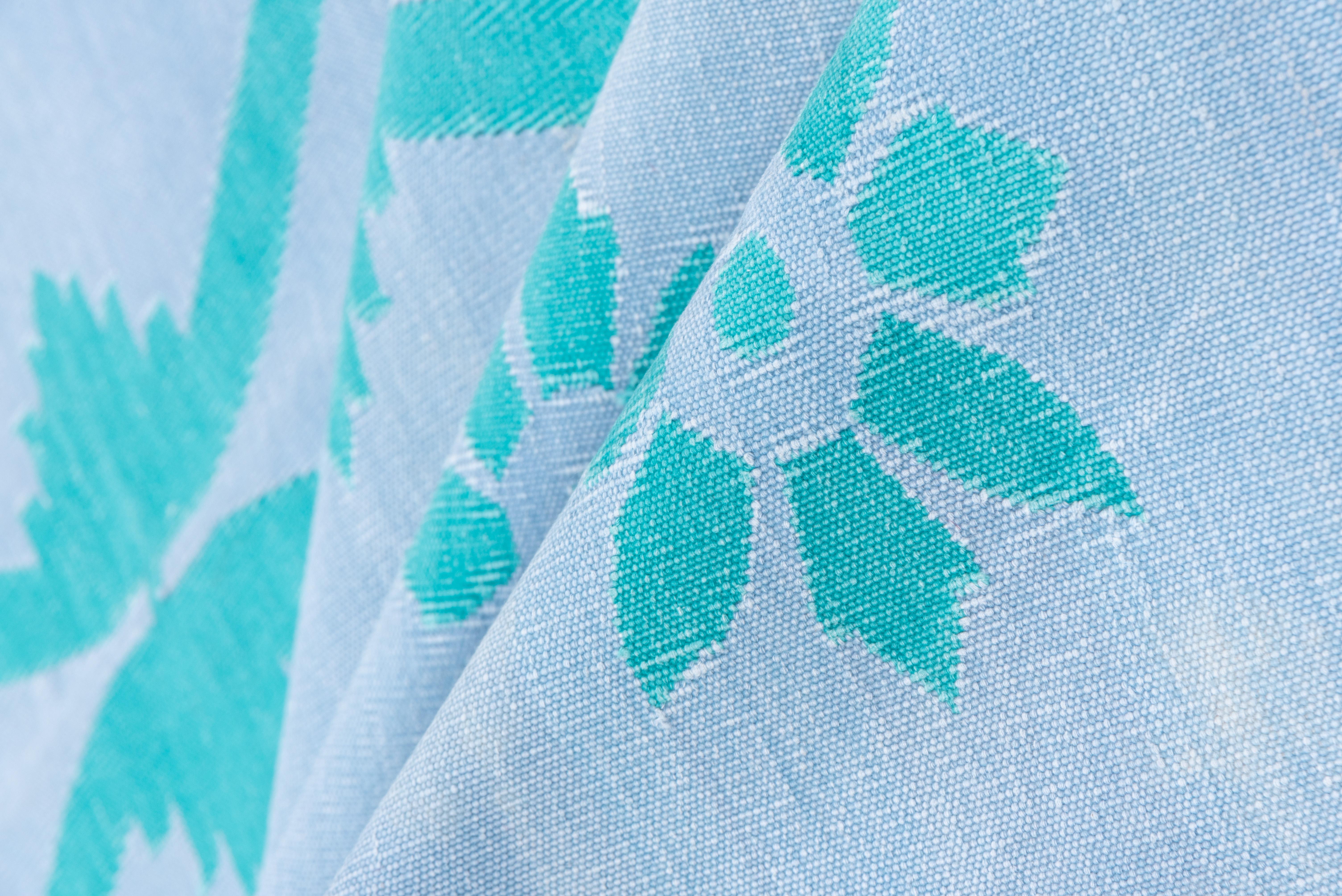 The vertical undulations are in teal while the ground is a light baby blue. In both pieces, the pattern slips under the borders at the ends while fitting neatly laterally. All cotton construction.