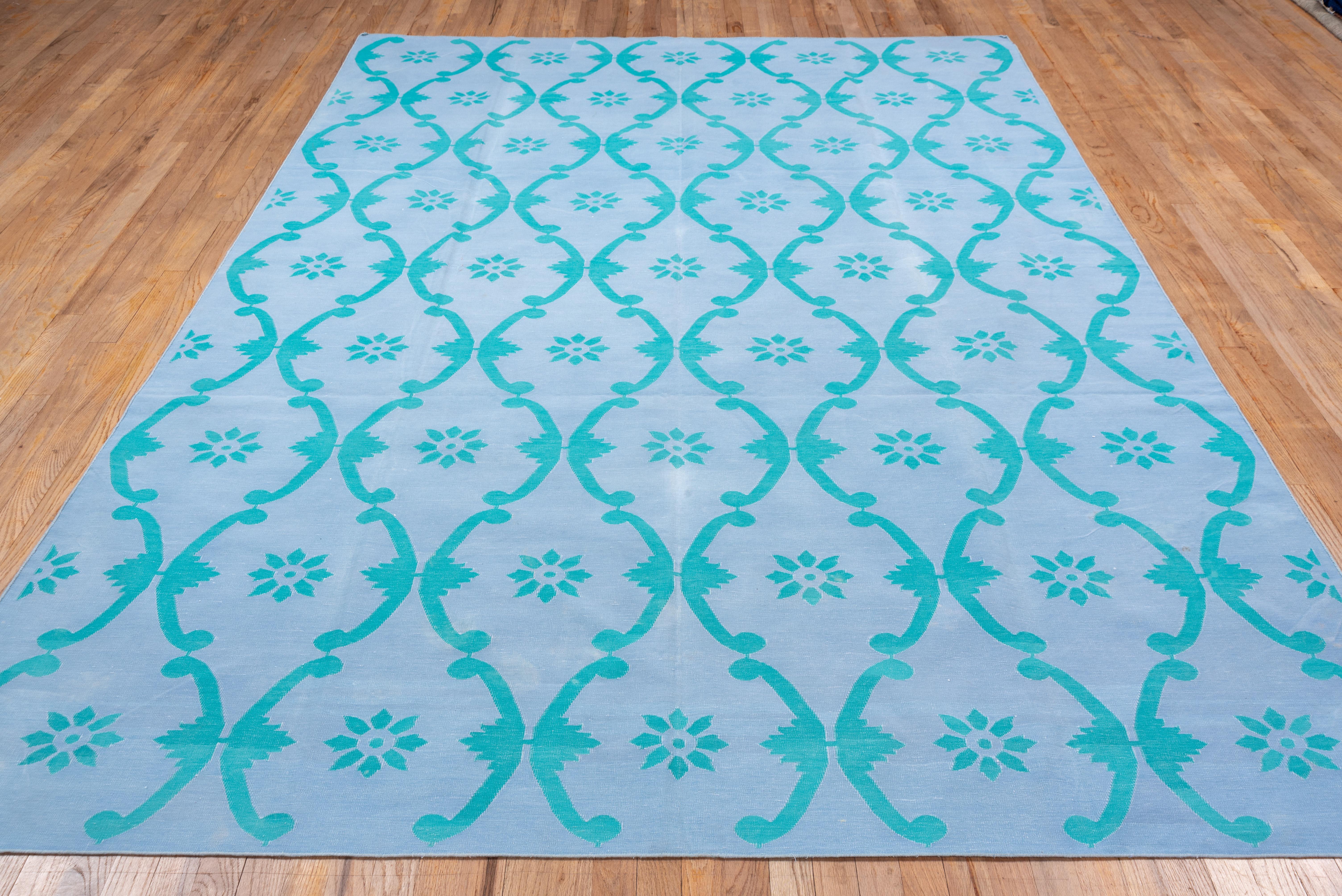 Indian Mid 20th Century Baby Blue Dhurrie Flatweave Rug with Teal Accents For Sale