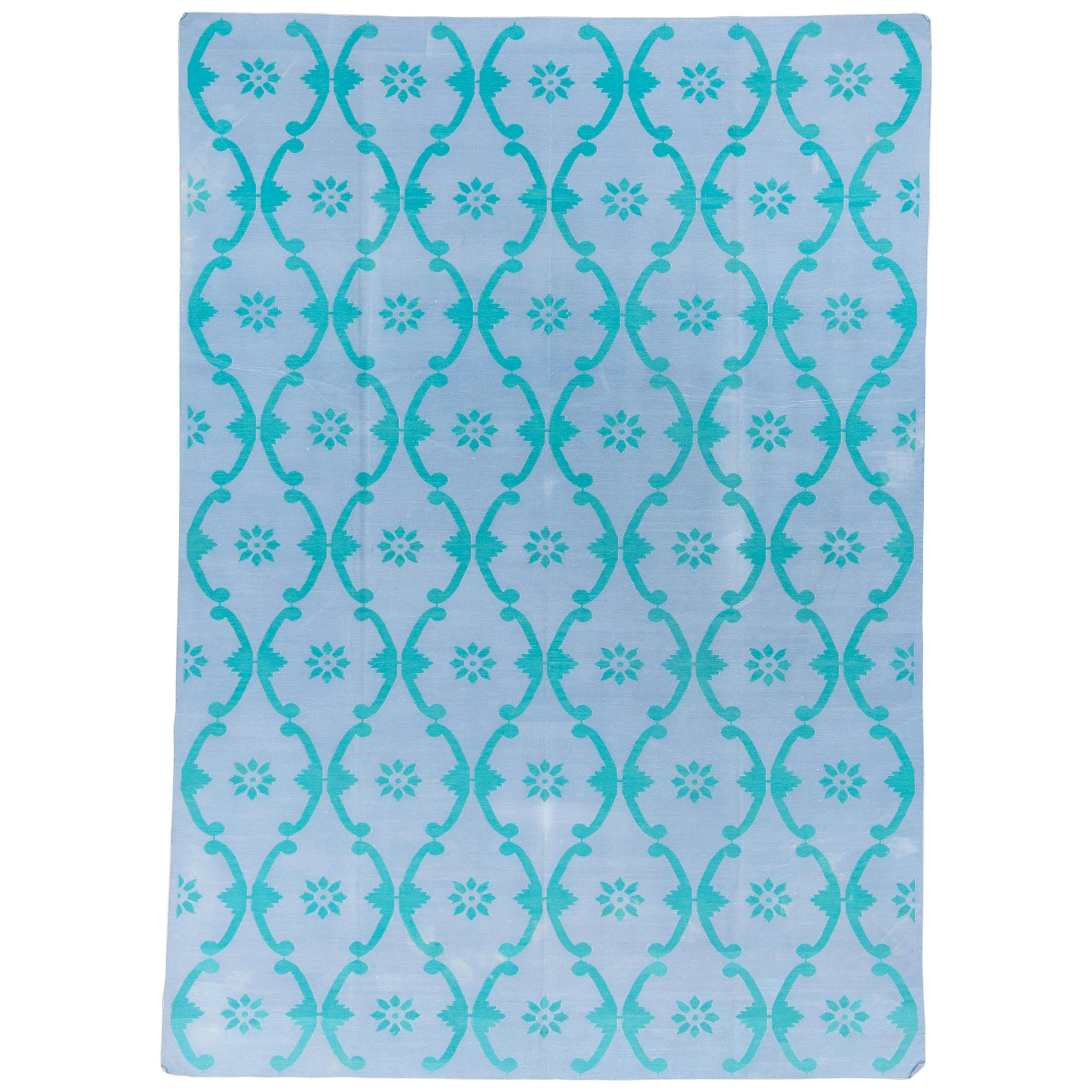 Mid 20th Century Baby Blue Dhurrie Flatweave Rug with Teal Accents For Sale