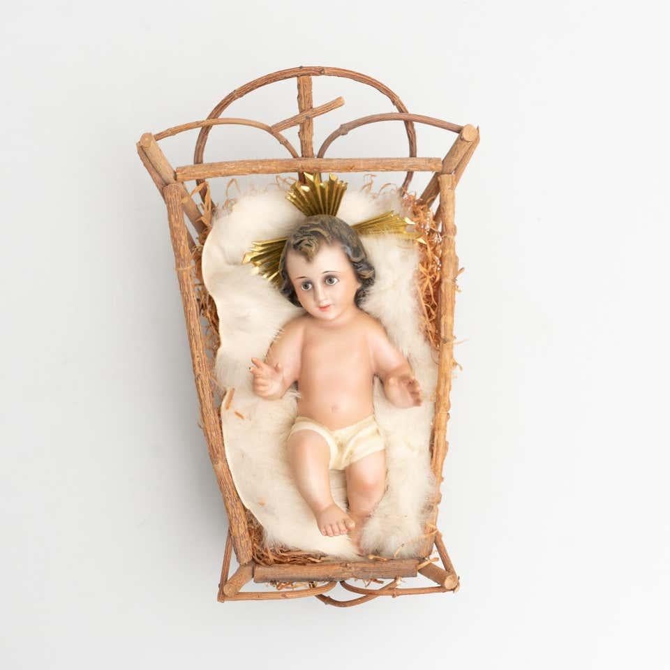 Mid-20th Century Baby Jesus Figure in the Cradle For Sale 11
