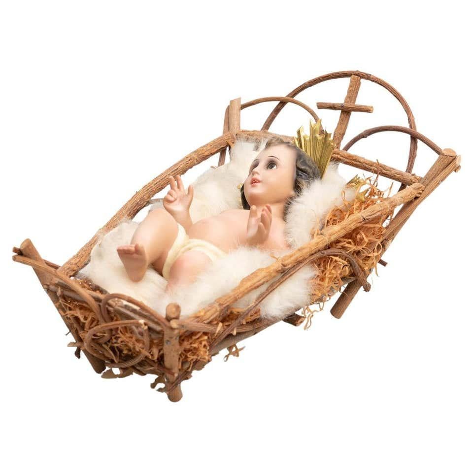 Mid-20th Century Baby Jesus Figure in the Cradle For Sale 12