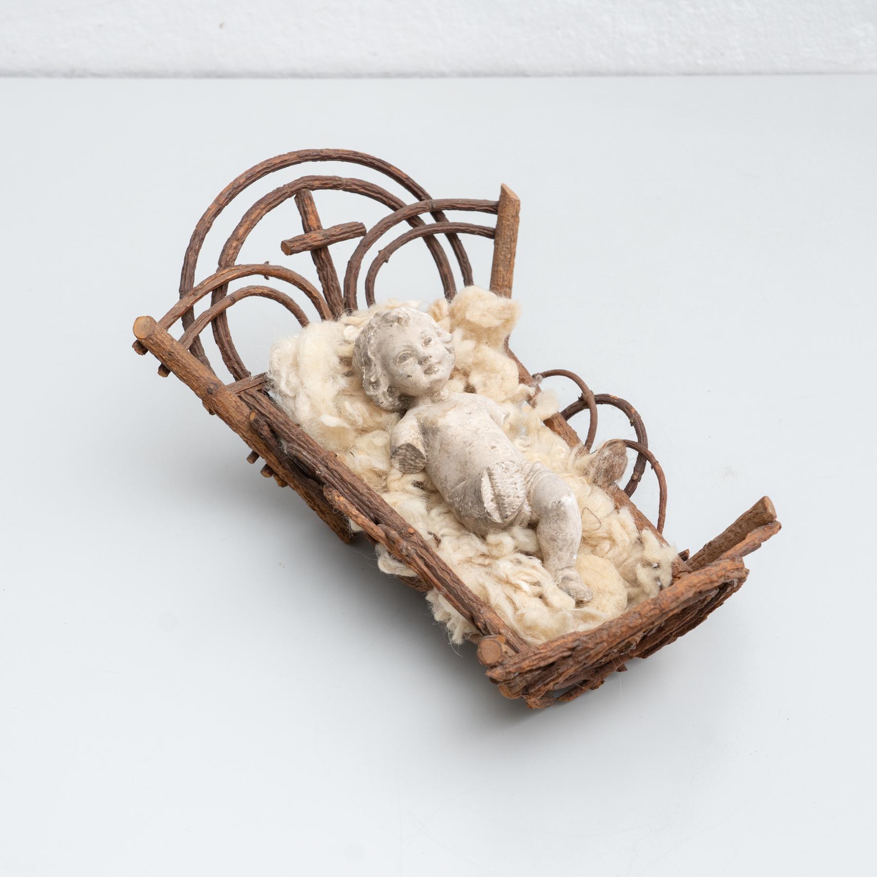 Spanish Mid-20th Century Baby Jesus Figure in the Cradle