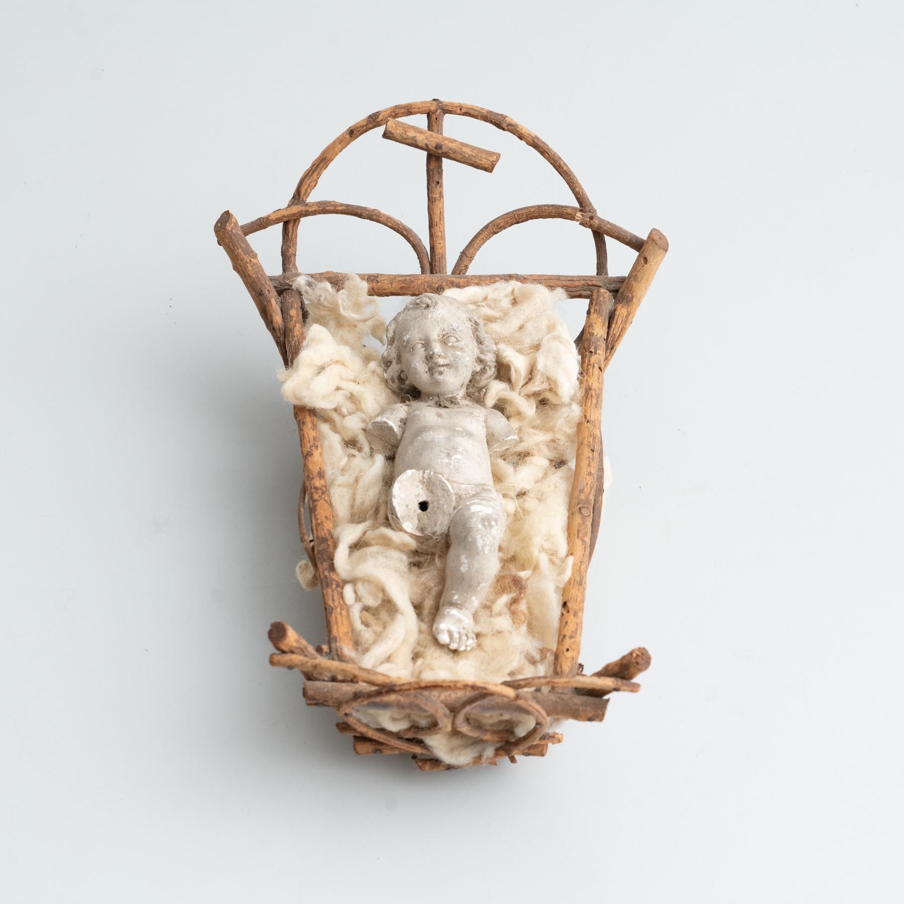 Plaster Mid-20th Century Baby Jesus Figure in the Cradle For Sale