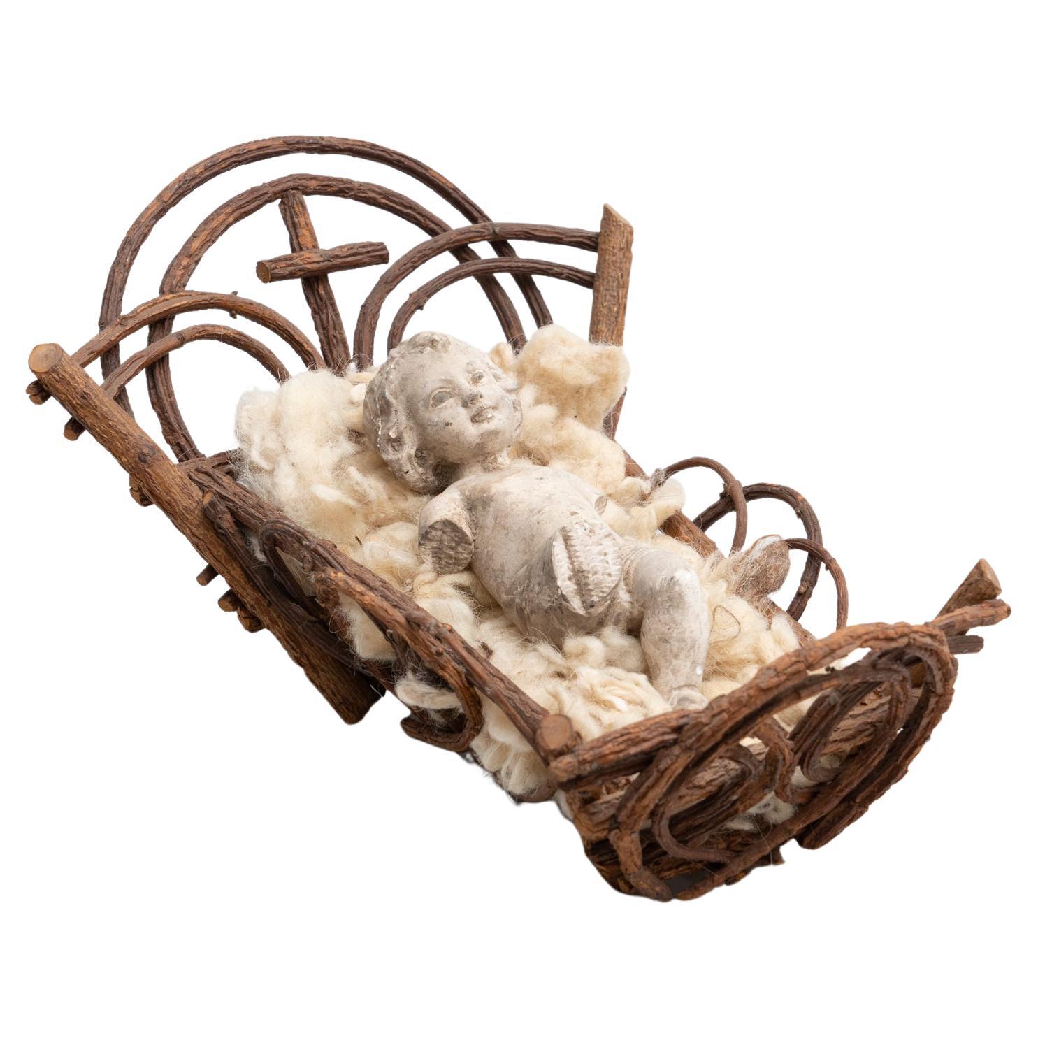 Mid-20th Century Baby Jesus Figure in the Cradle For Sale